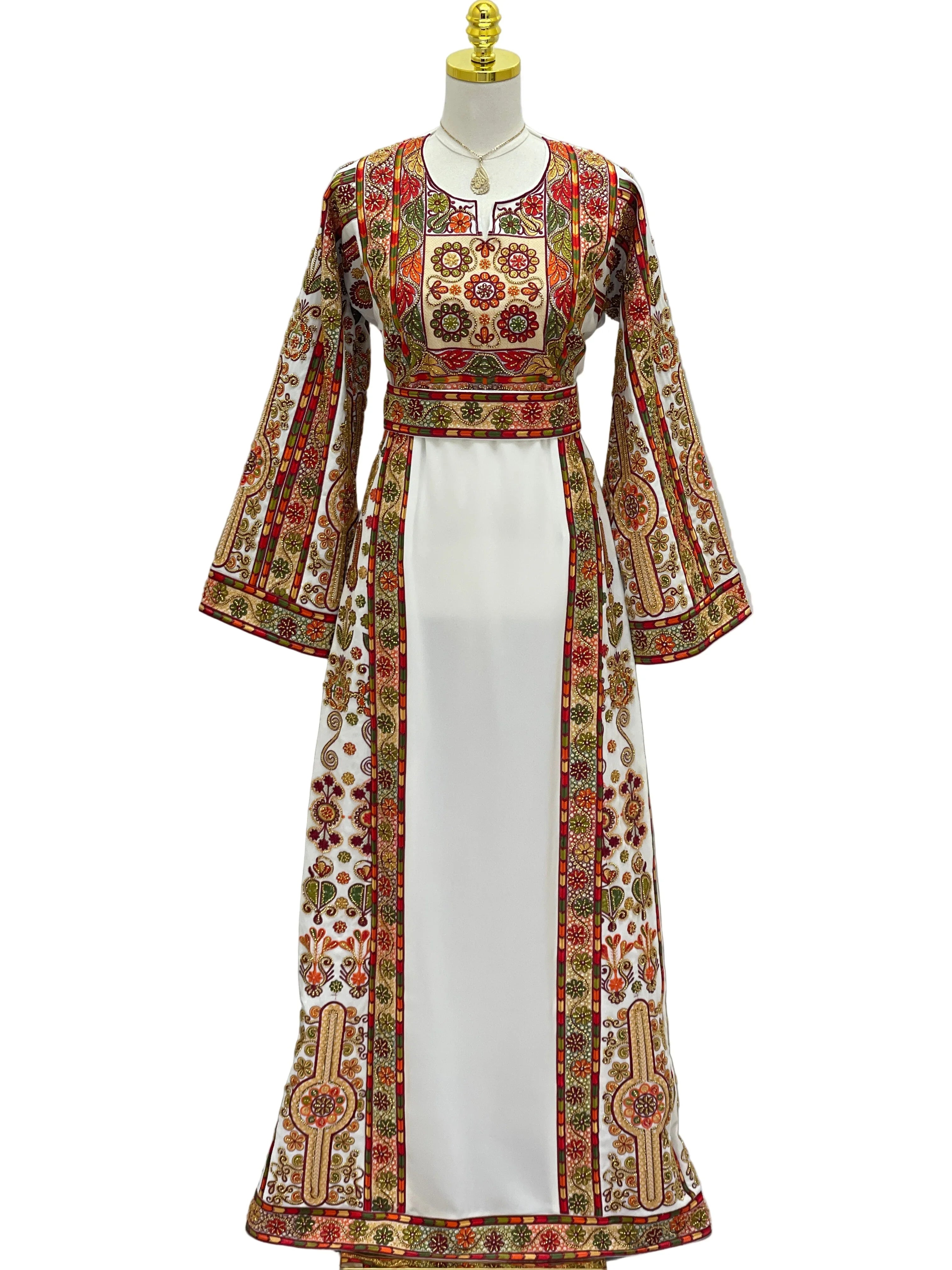 Palestinian Elegance Golden Blossom Beaded Embroidered Thobe white center panel with intricate gold and red floral embroidery