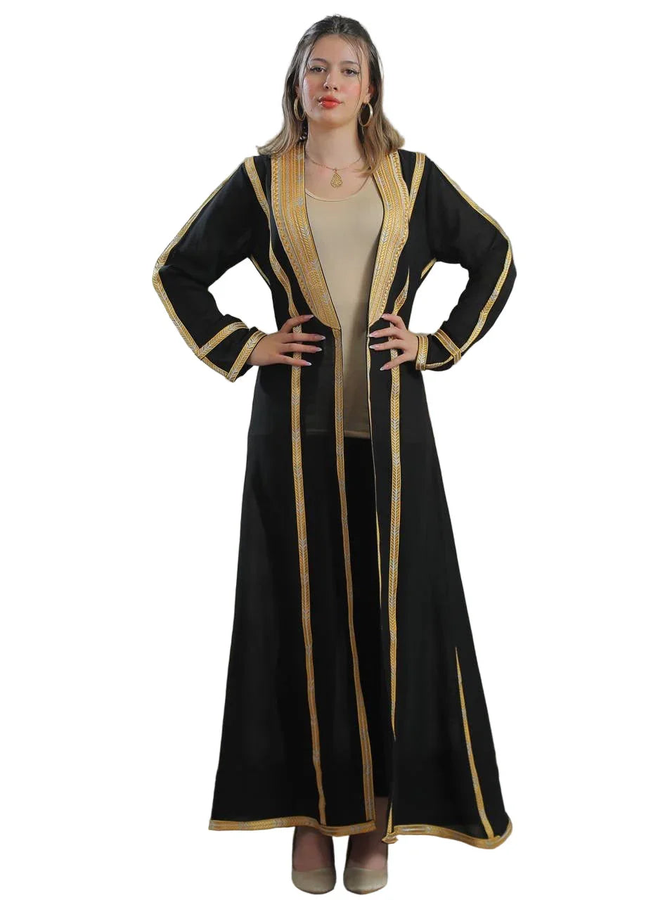 Palestinian Elegance Golden Touch Open Abaya black long open cardigan with gold trim and long sleeves