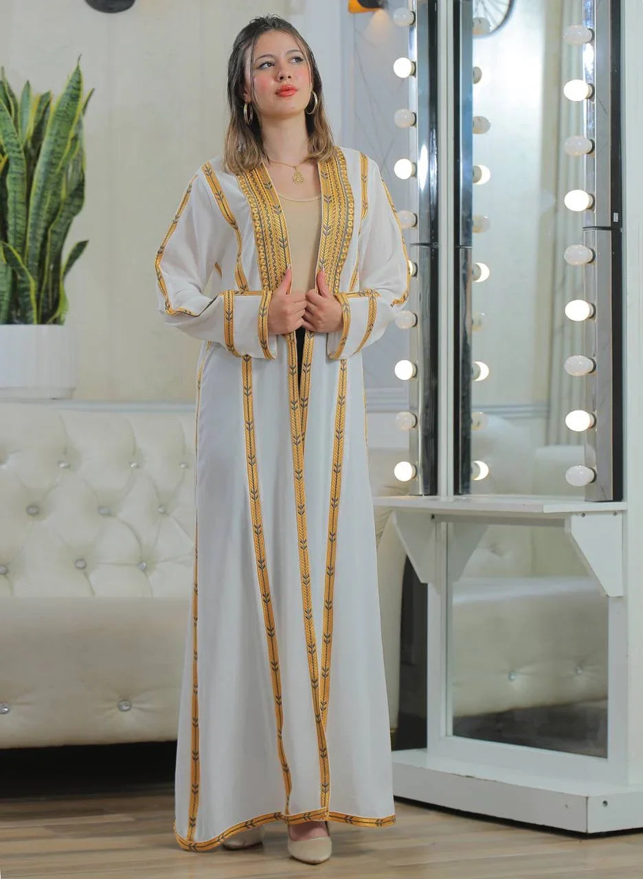 Golden Touch Open Abaya white cardigan by Palestinian Elegance with gold embroidered trim and long open front