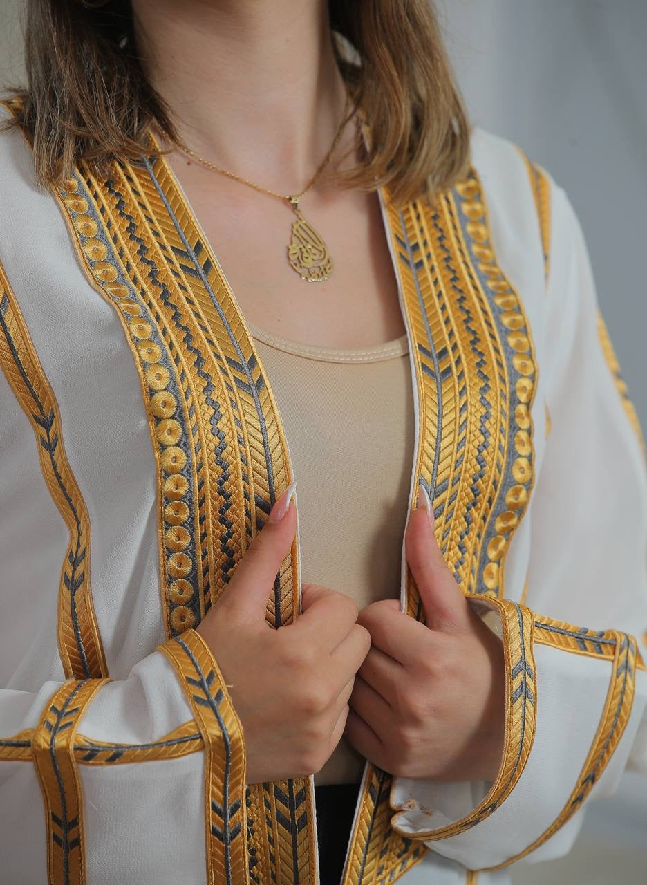 Palestinian Elegance Golden Touch Open Abaya white cardigan with intricate gold embroidered trim