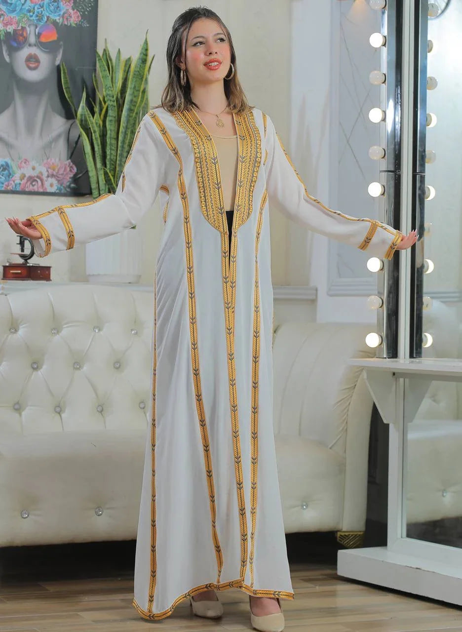 Palestinian Elegance Golden Touch Open Abaya white long open cardigan with gold embroidery and relaxed fit