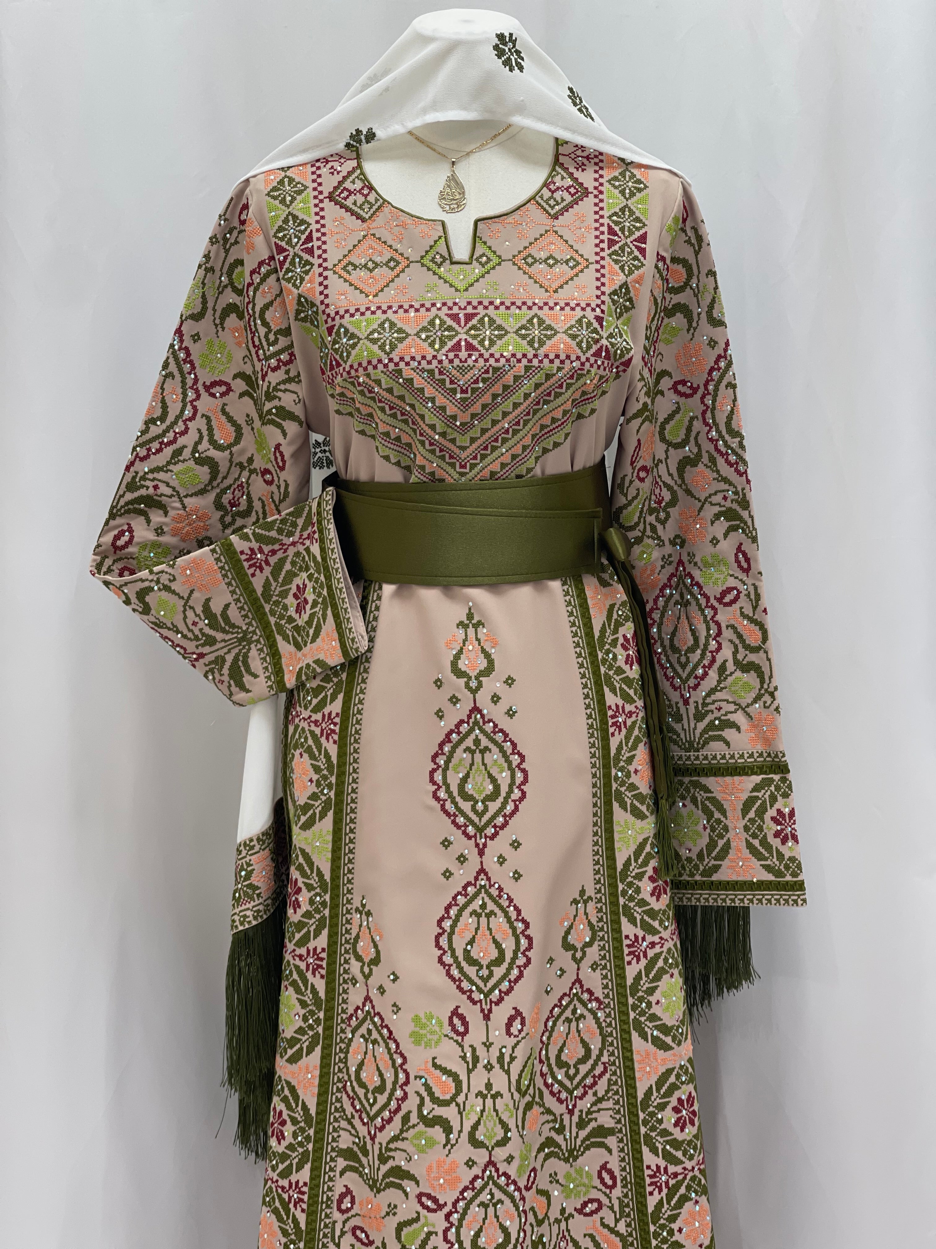 Green Ruby Embroidered Thobe with intricate floral designs and a matching belt for elegant occasions