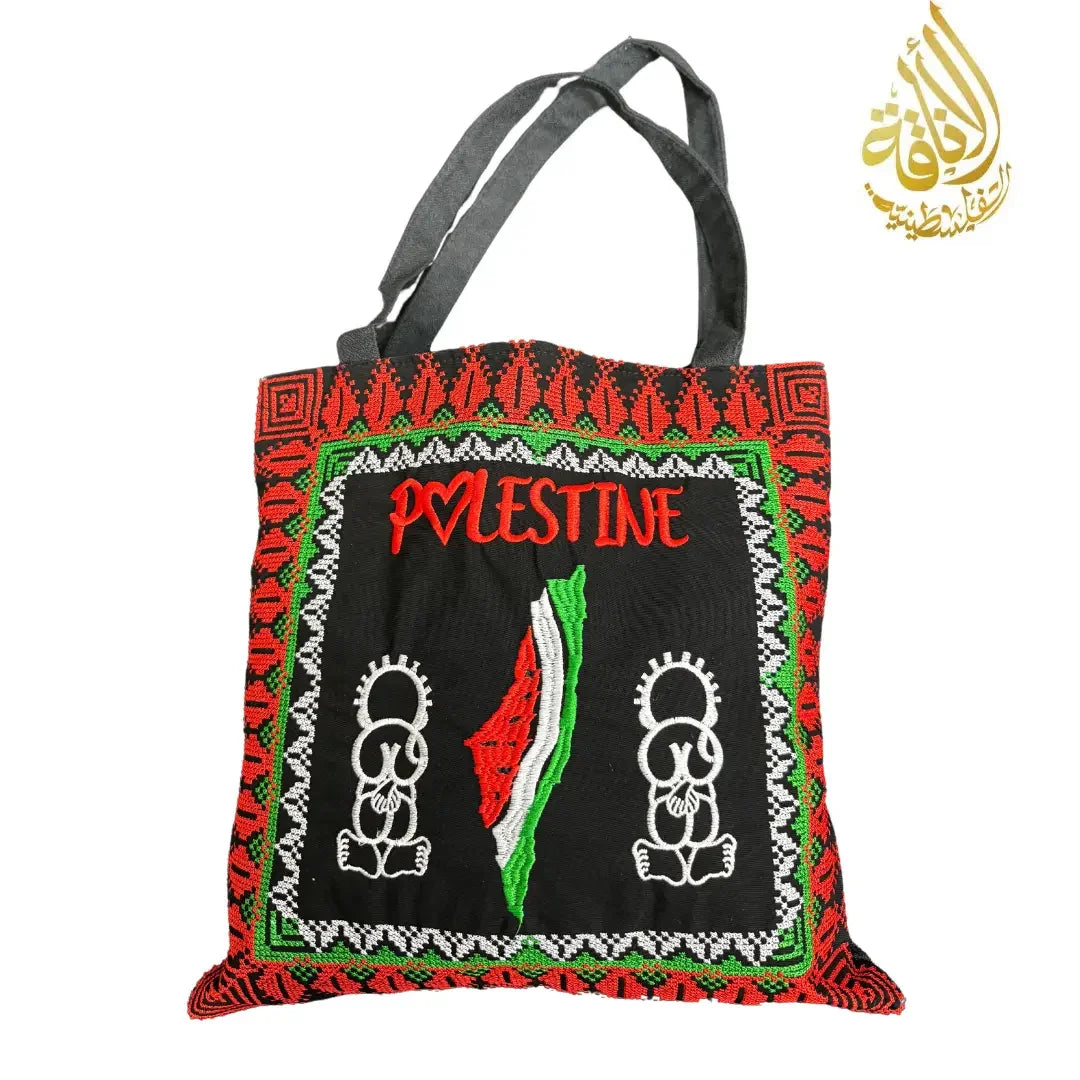 Handala & Palestine Map Embroidered Tote Bag - Palestinian Elegance