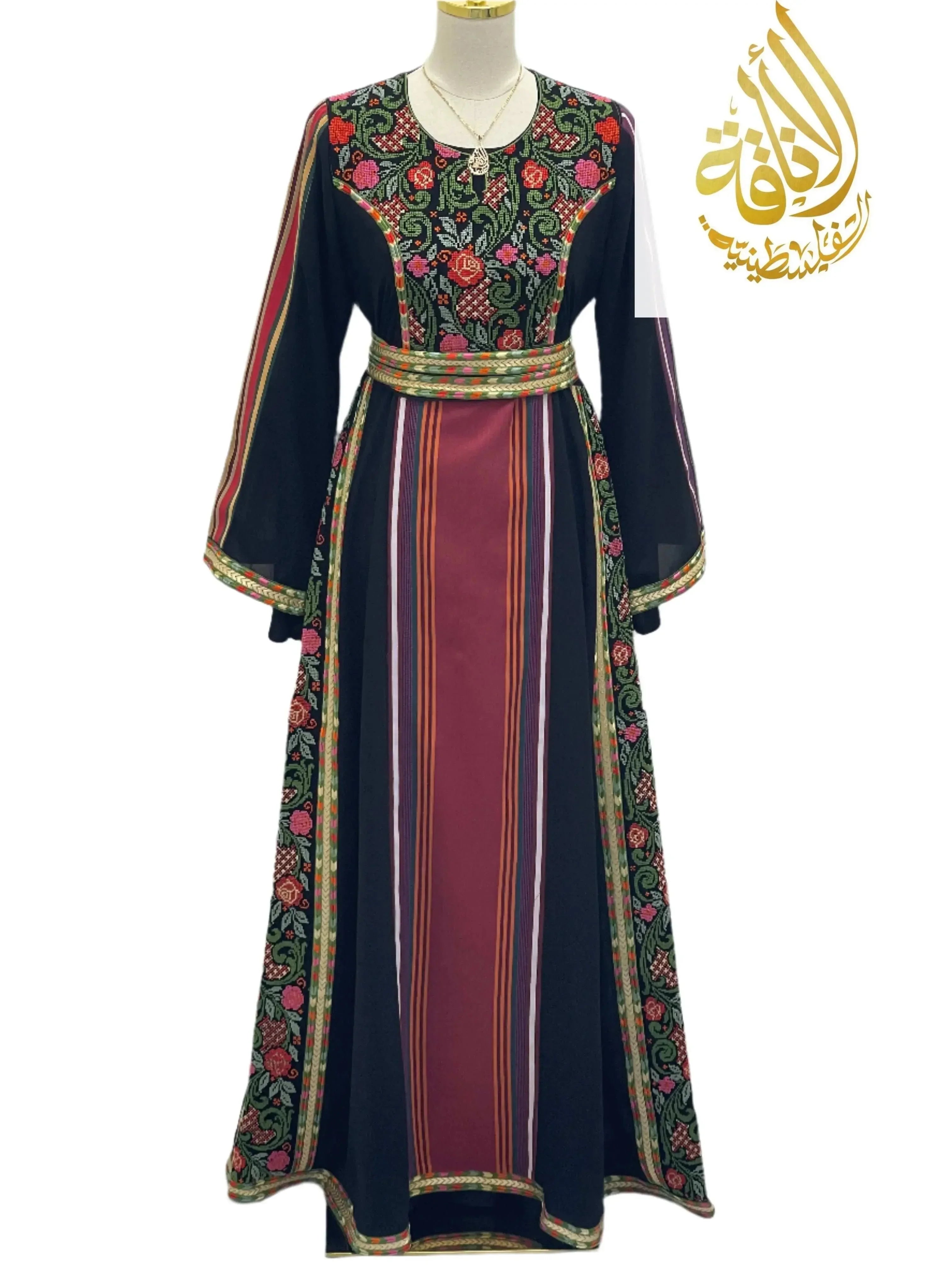 Palestinian Elegance Haya Embroidered Majdalawe Dress thoub with floral embroidery and striped details