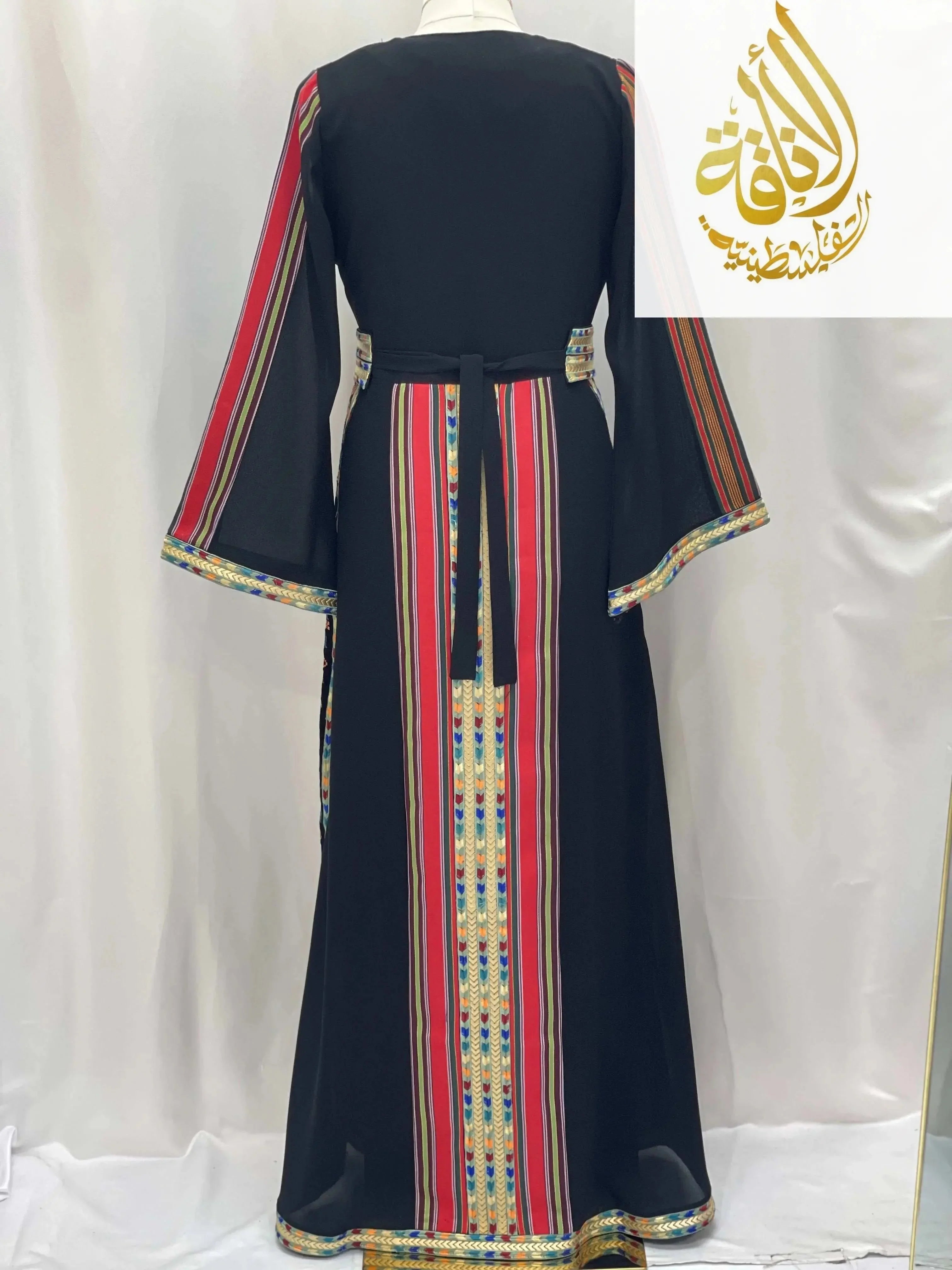 Palestinian Elegance Haya Embroidered Majdalawe Dress thoub with colorful vertical stripes and wide sleeves