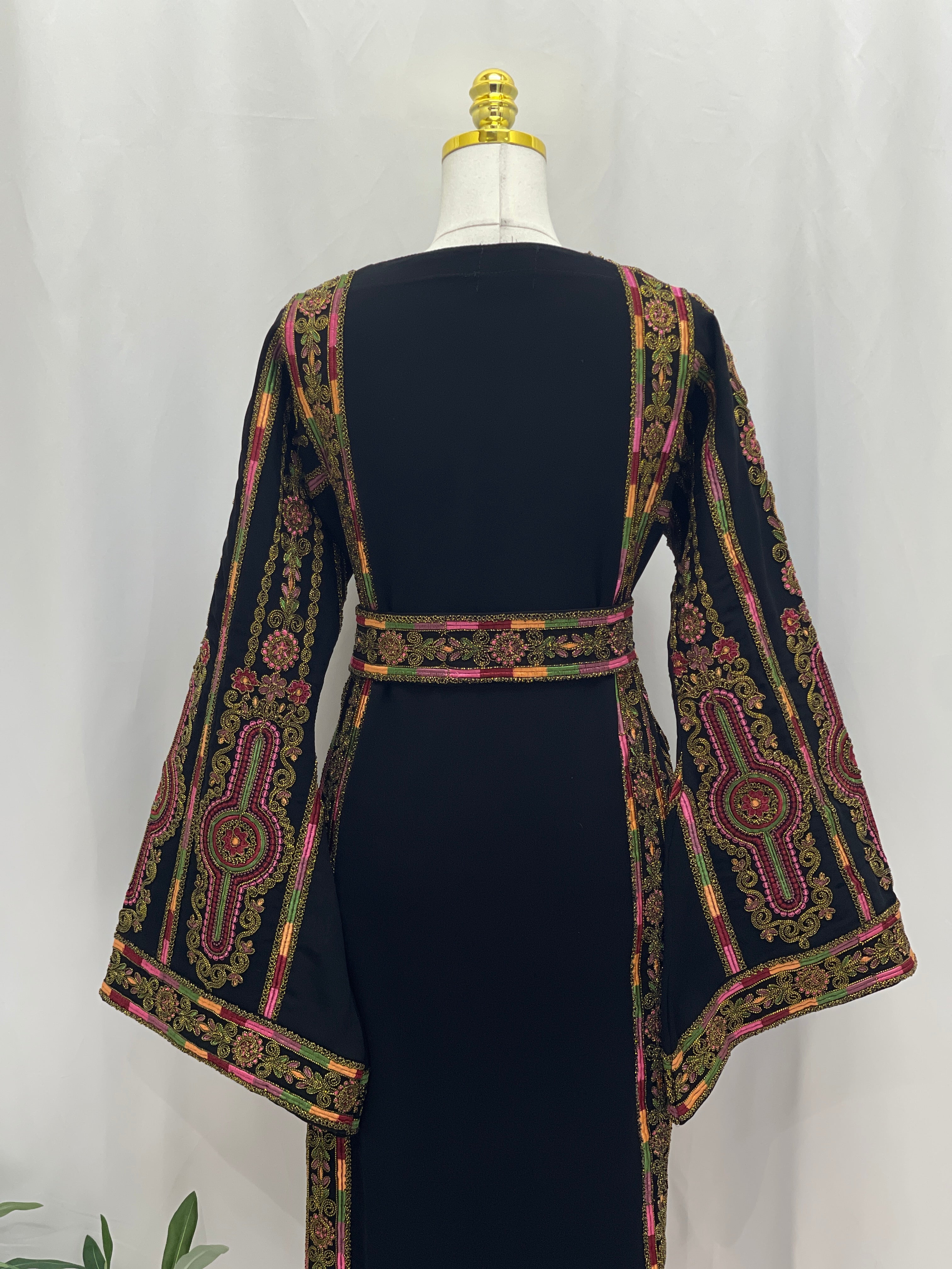 Heritage Glow Bream Embroidered Thoub black Palestinian Elegance embroidered thobe with colorful back panel belt and wide sleeves