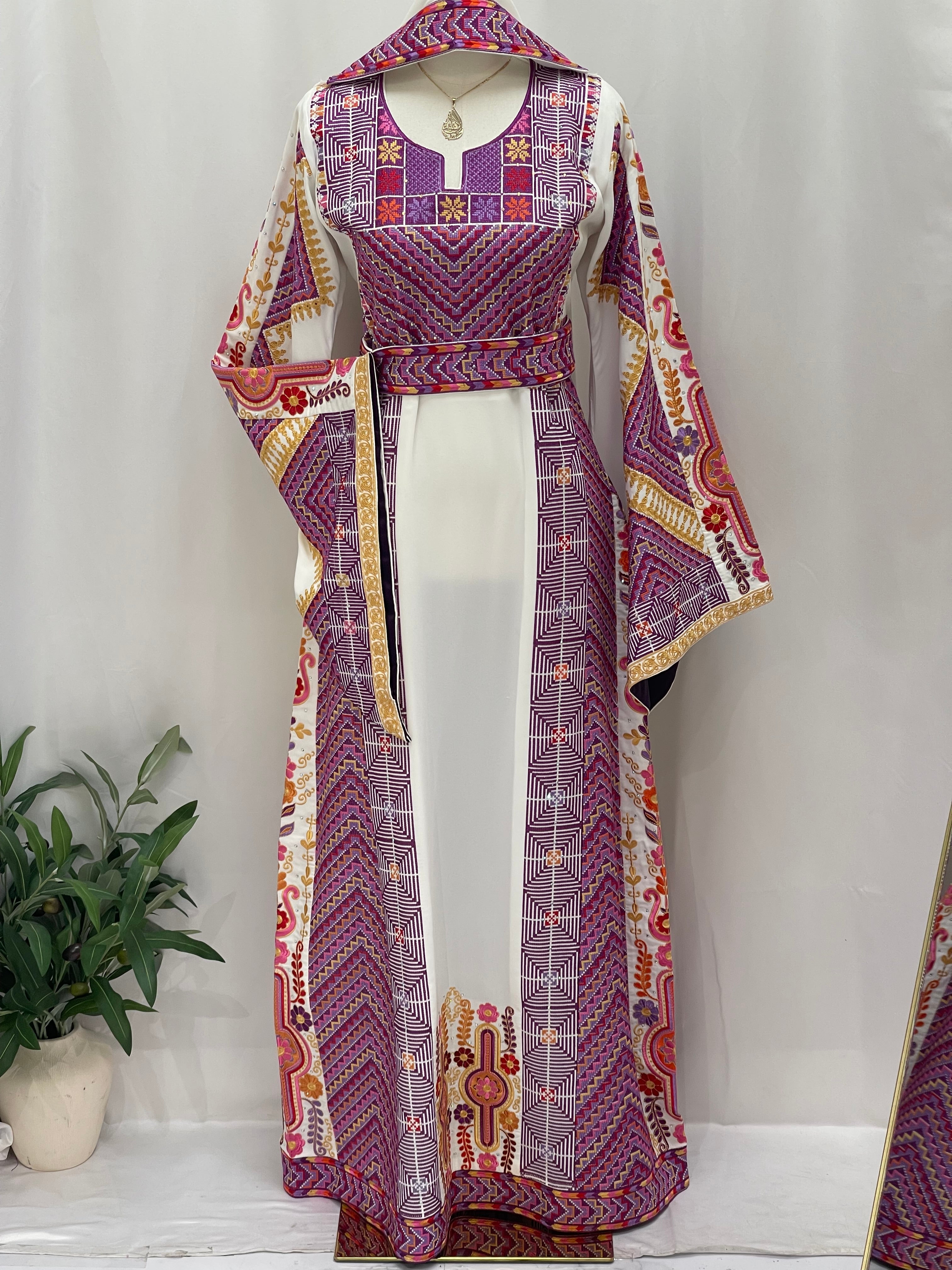 Hidaya Embroidered Thoub | Belted Cultural Elegance - Palestinian Elegance