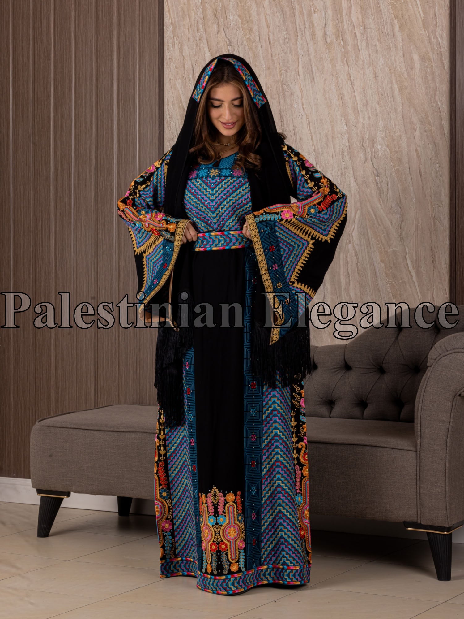 Hidaya Embroidered Thoub | Belted Cultural Elegance - Palestinian Elegance