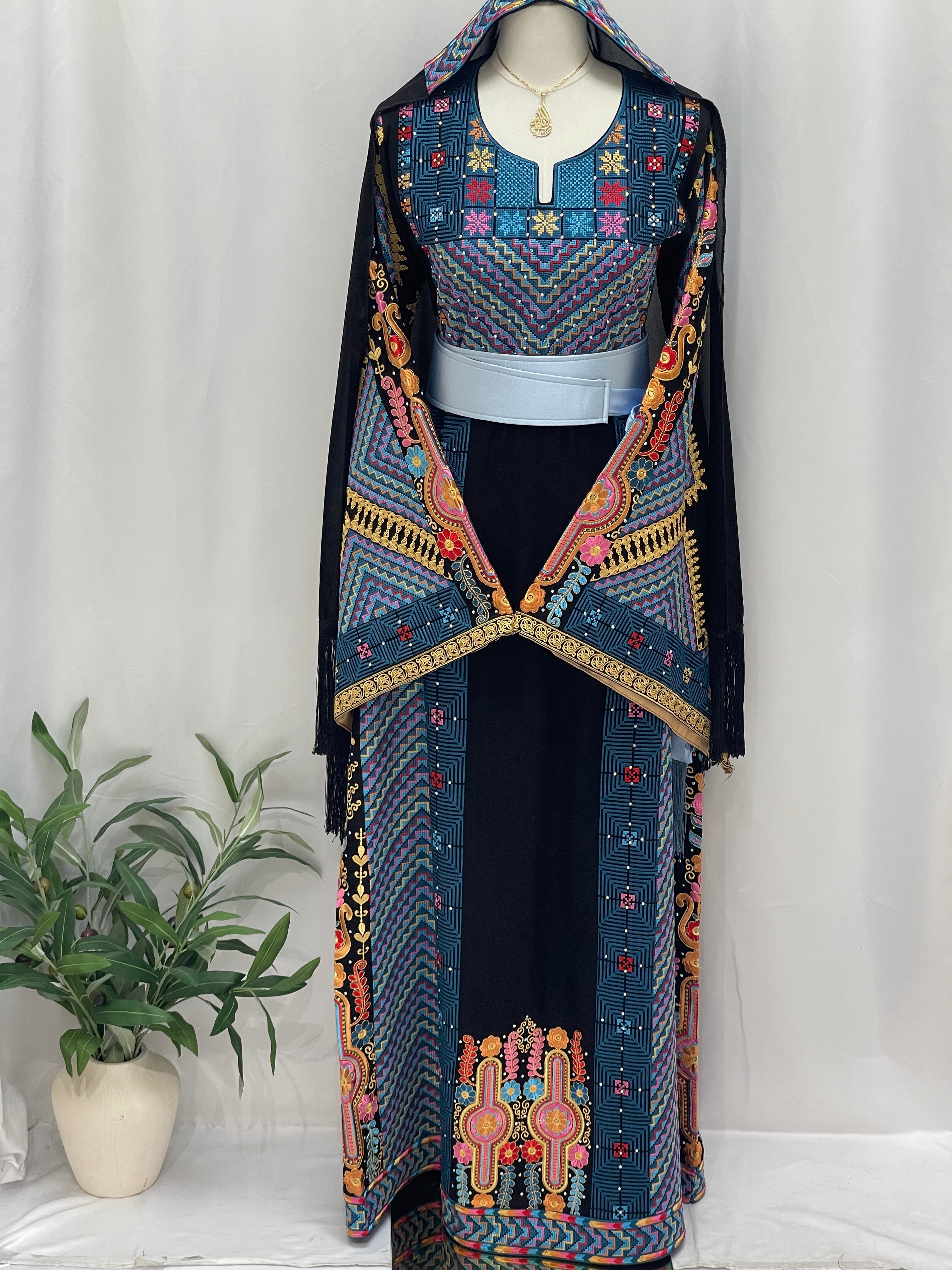 Hidaya Embroidered Thoub | Belted Cultural Elegance - Palestinian Elegance