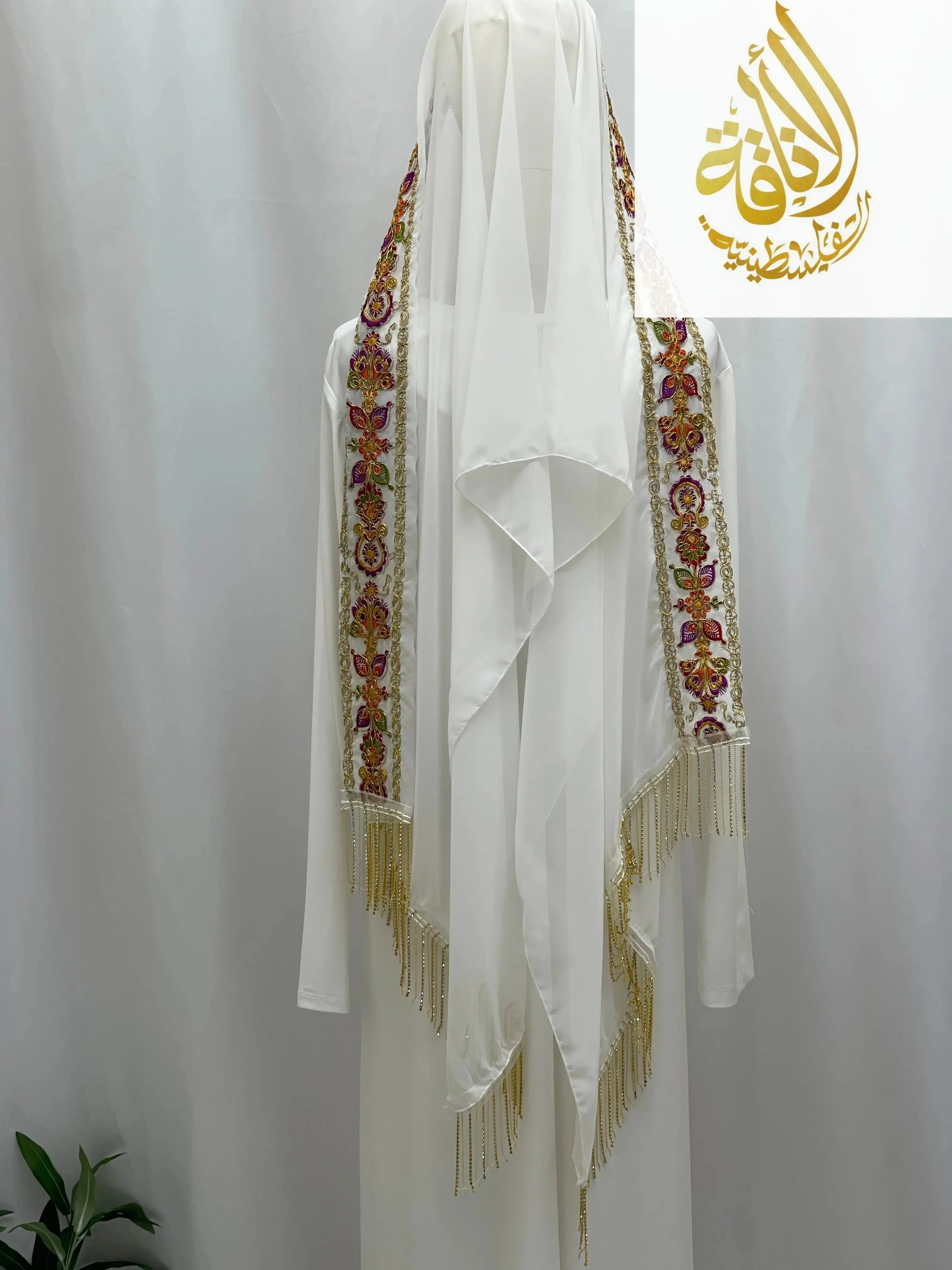 Palestinian Elegance embroidered white scarf with floral patterns for Palestinian Traditional Modest Fashion Kasab Khirka