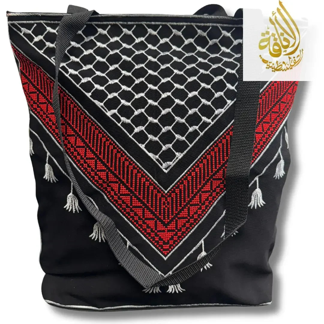 High-Quality Red Tatreez and Kuffiyeh Design Tote Bag | 40 cm Length Palestinian Elegance