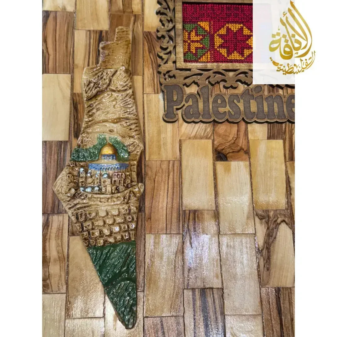 Palestinian home decor wooden wall art with map shape and Dome of the Rock design by Palestinian Elegance