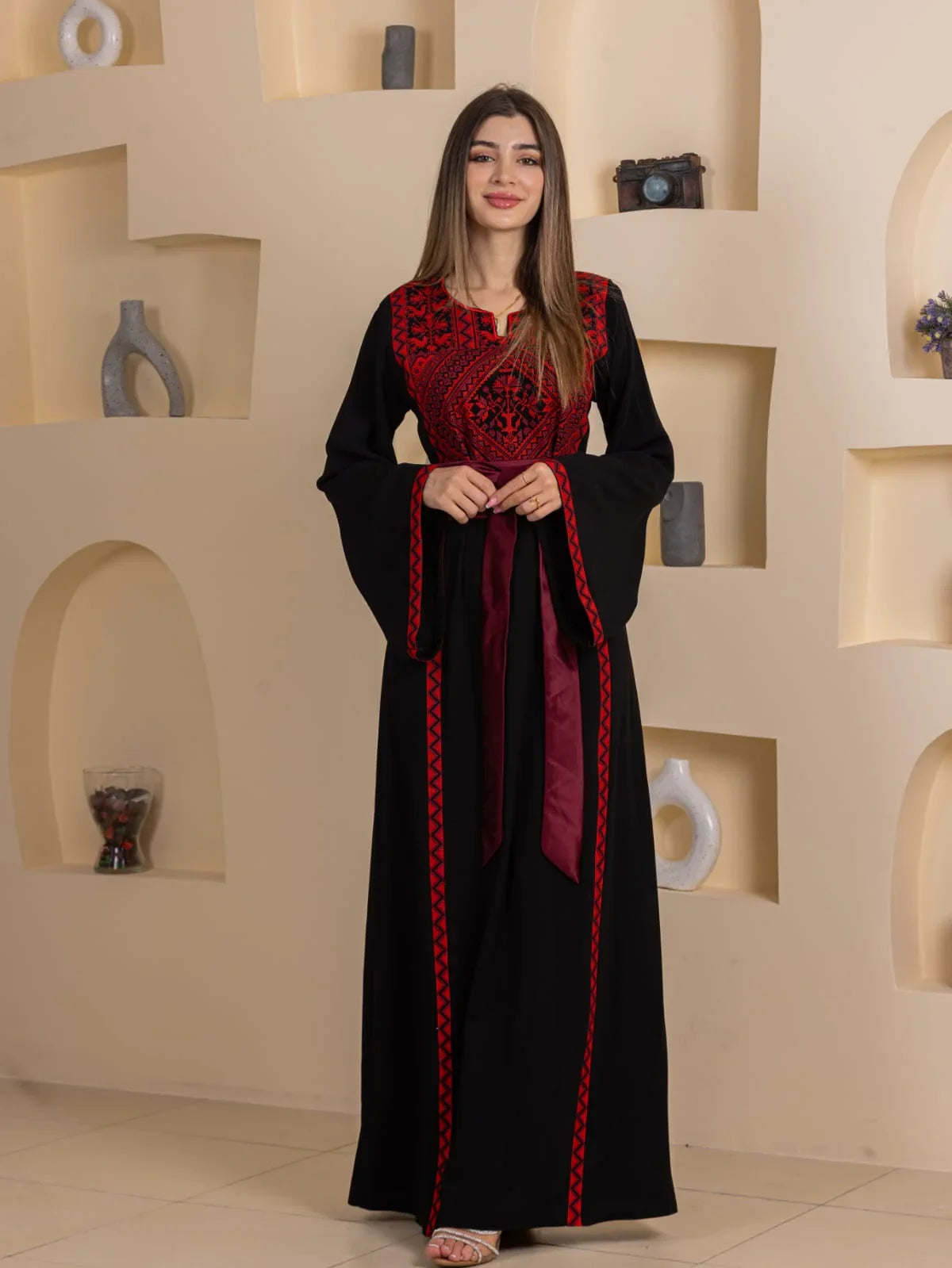 Huda Simply Embroidered Thoub by Palestinian Elegance black thobe with red embroidery and sash belt