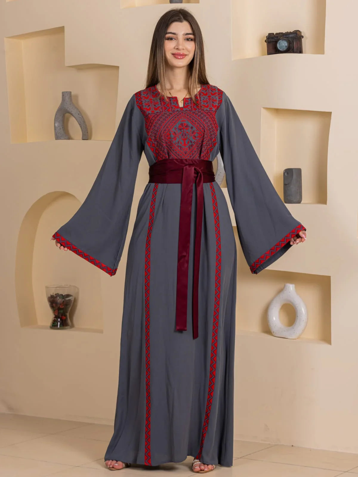 Huda Simply Embroidered Thoub gray embroidered long thobe with red Palestinian motifs bell sleeves and burgundy sash