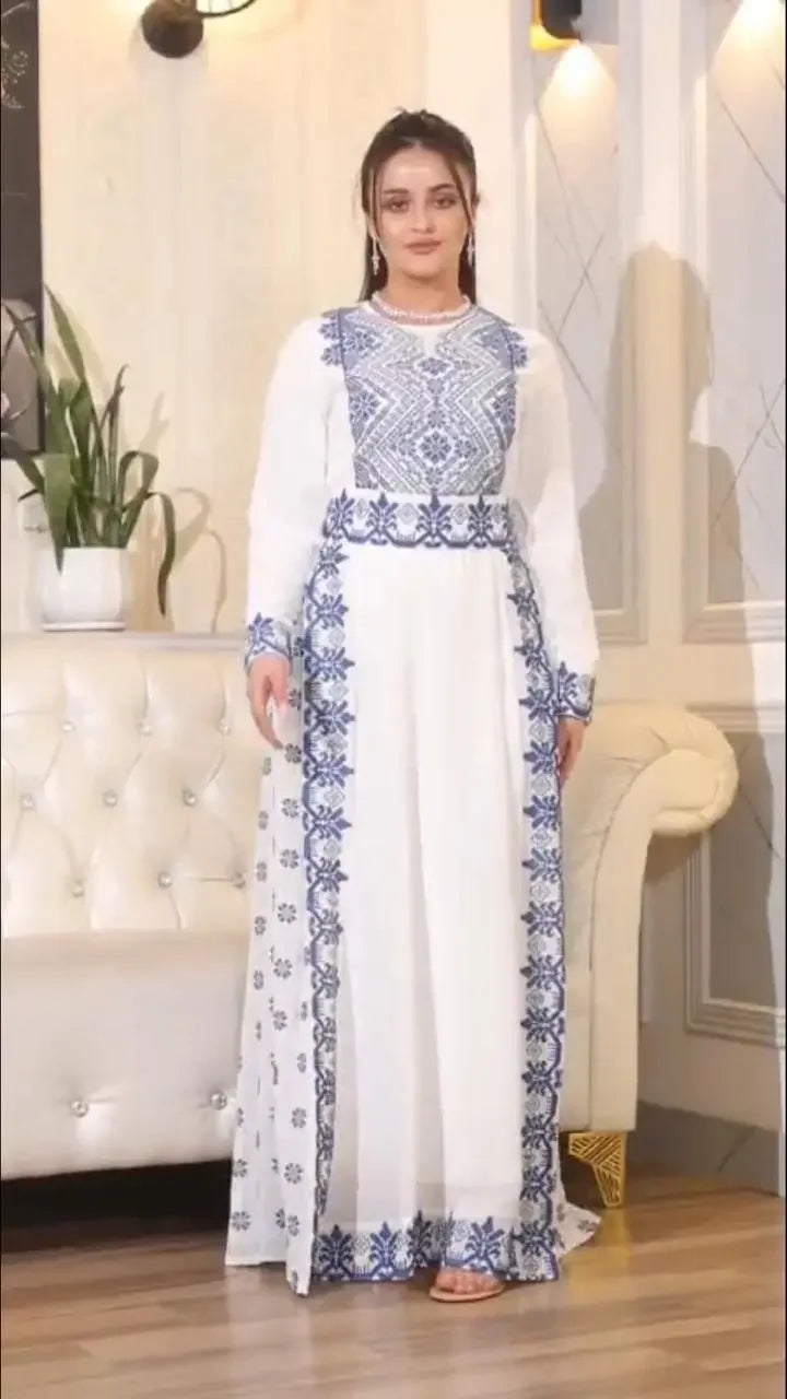 Timeless Elegance: Royal Blue Embroidered Dress Palestinian Elegance