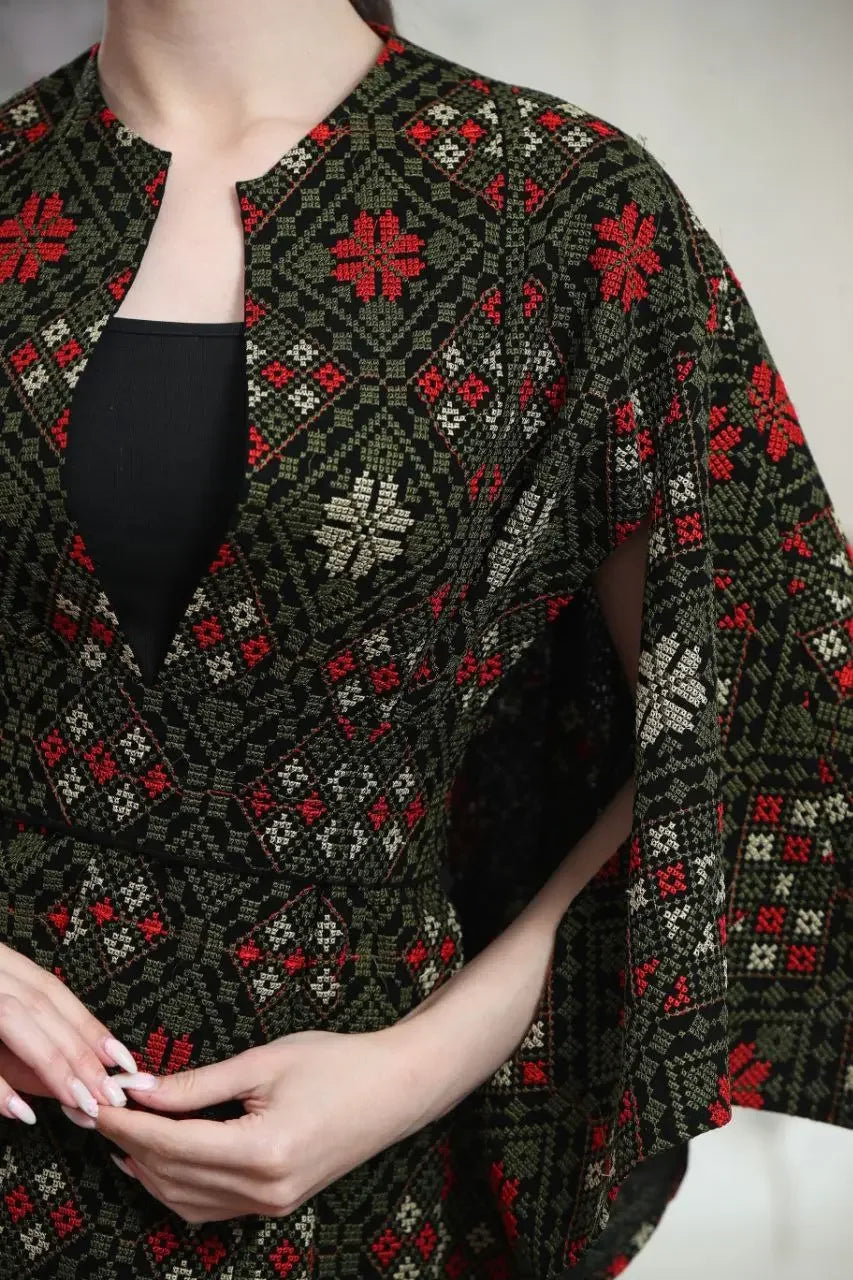 Palestinian Elegance casual Palestinian tattreez cape with red and white embroidery on black fabric