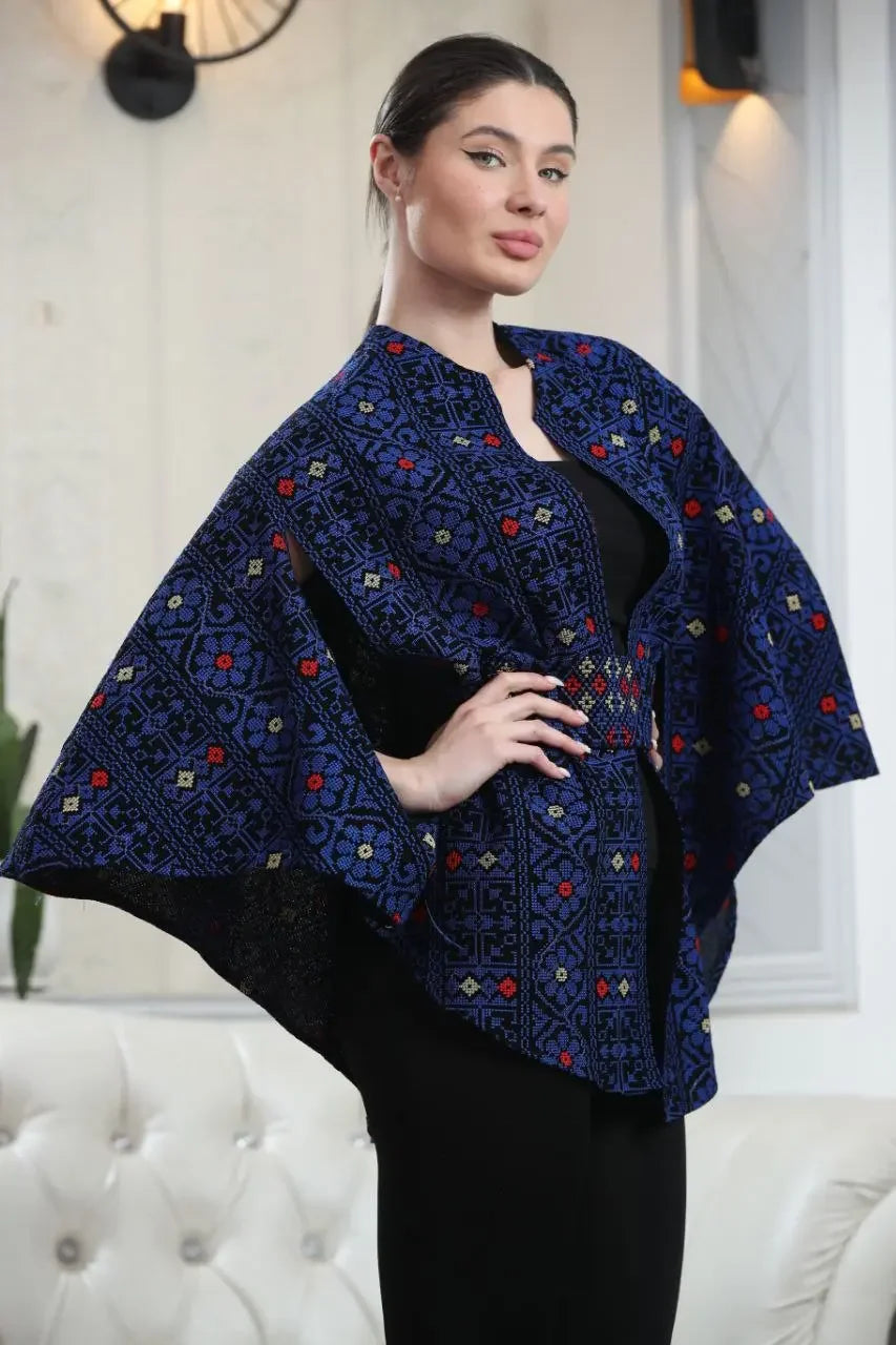 Palestinian Elegance casual blue Palestinian embroidered cape with intricate red and gold floral patterns