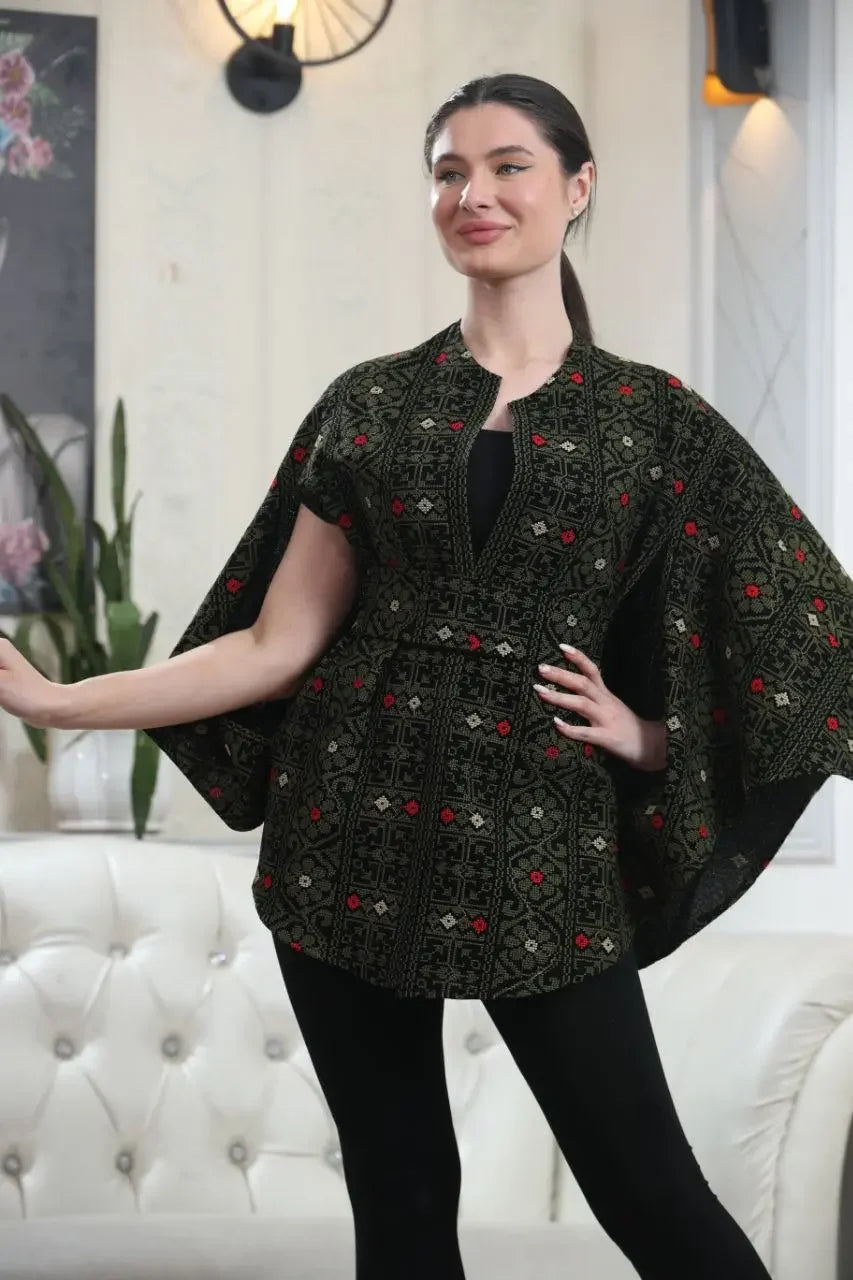Palestinian embroidered cape from Palestinian Elegance with intricate red and black embroidery in casual style