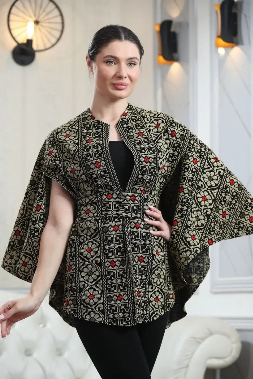 Palestinian embroidered cape casual outerwear with intricate black and red traditional patterns
