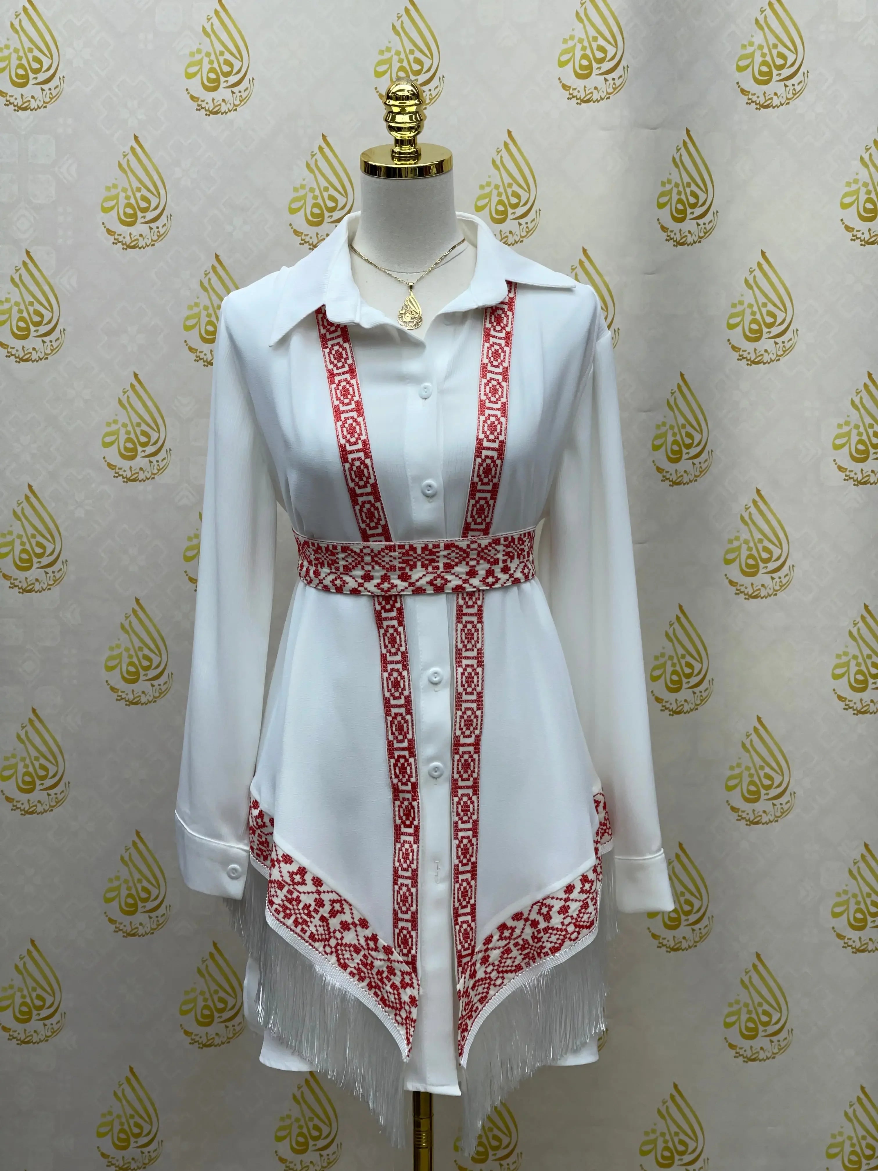 Radiant Elegance: Red & White Embroidered Chiffon Vest Palestinian Elegance
