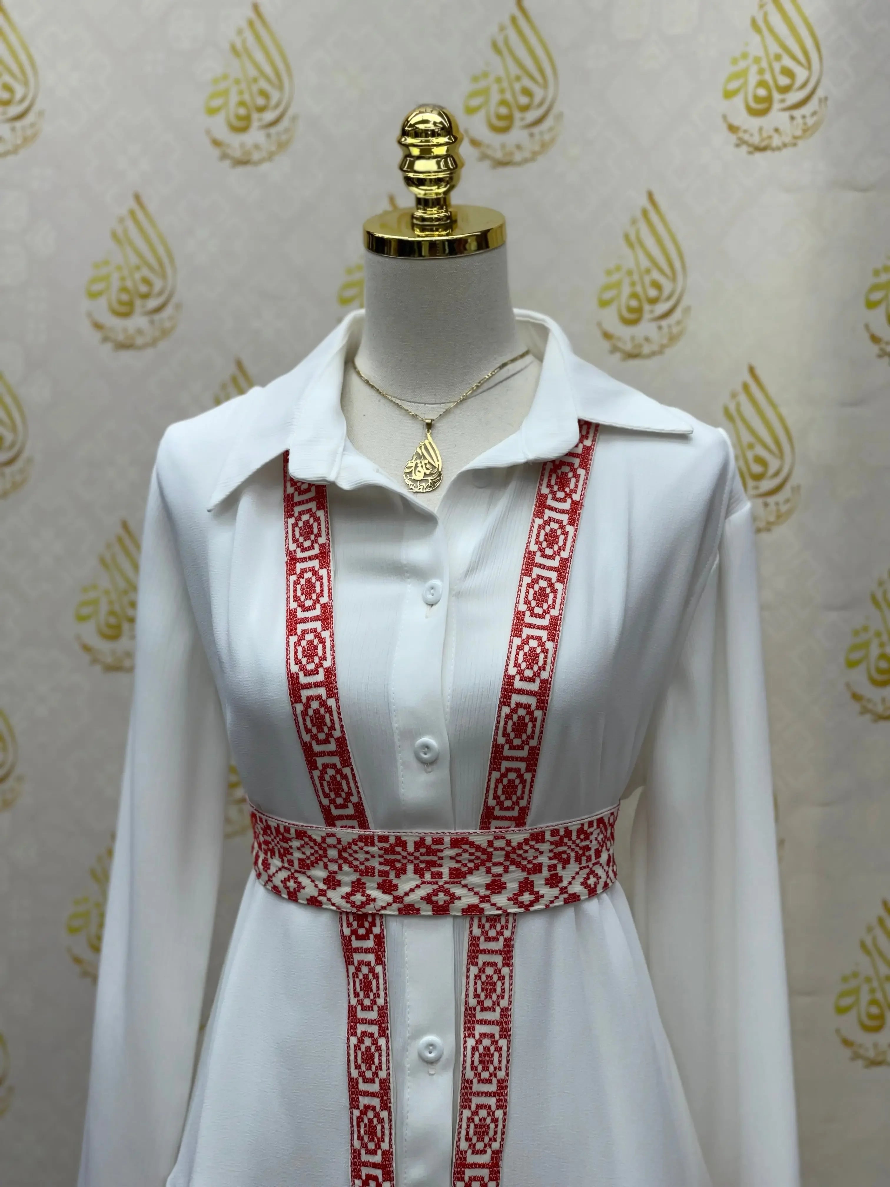 Radiant Elegance: Red & White Embroidered Chiffon Vest Palestinian Elegance