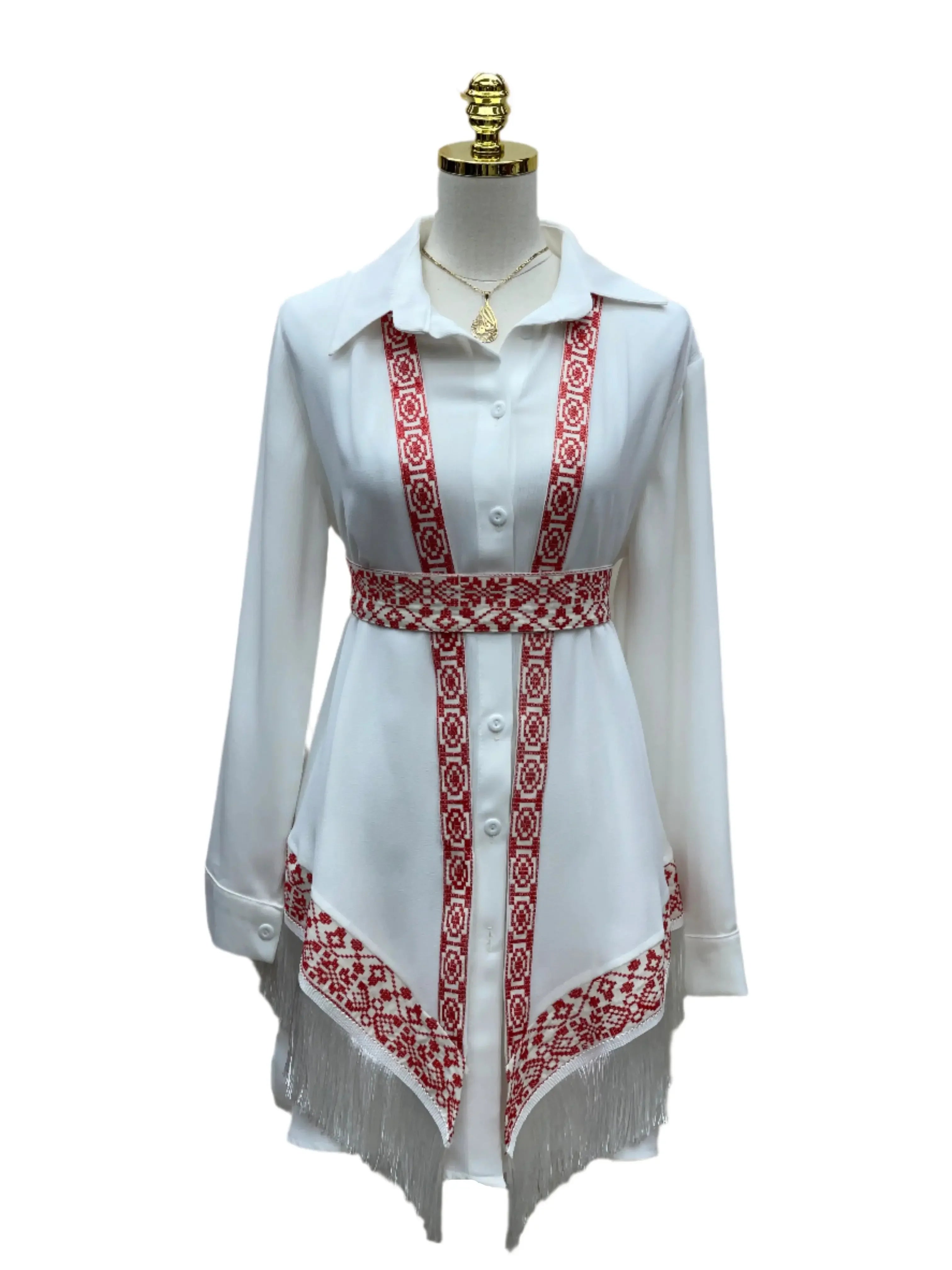Radiant Elegance: Red & White Embroidered Chiffon Vest Palestinian Elegance