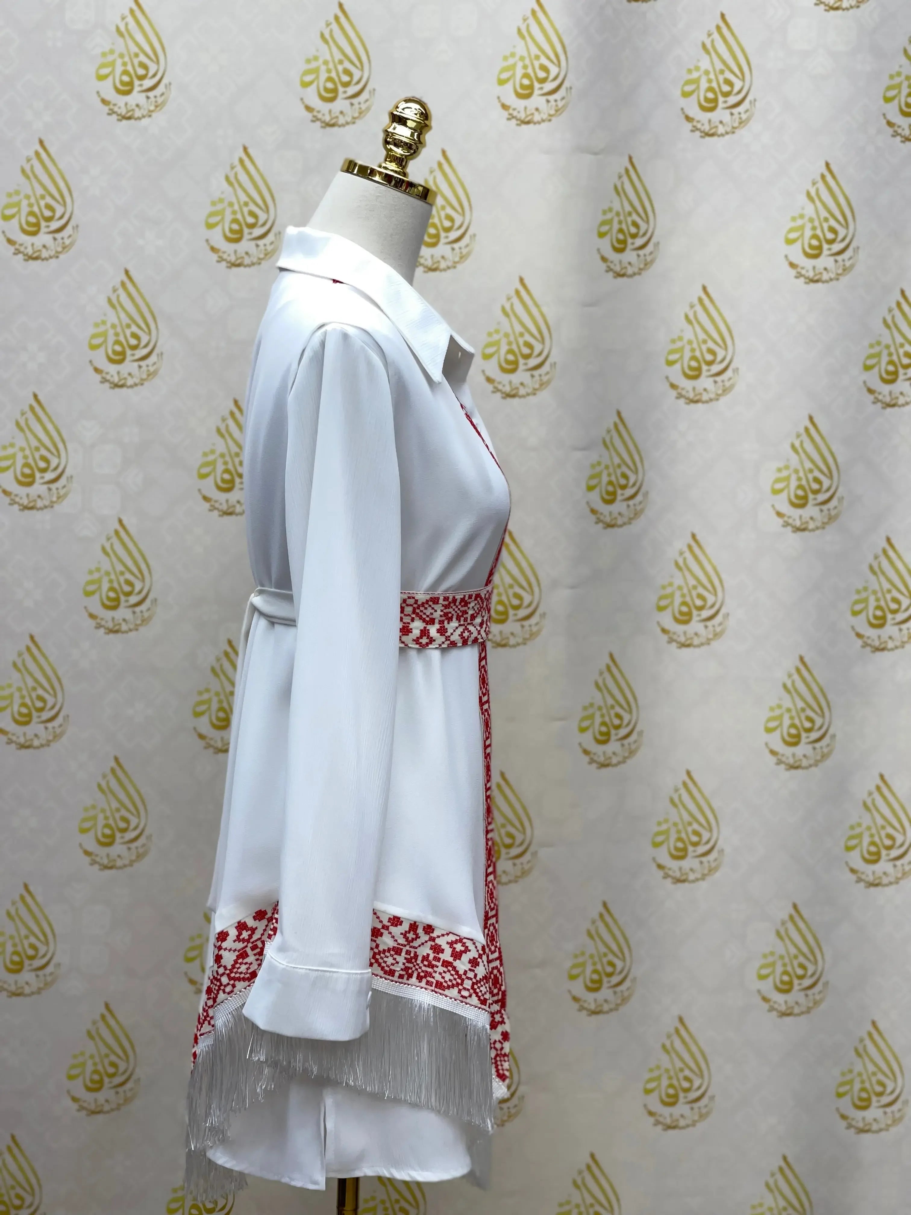 Radiant Elegance: Red & White Embroidered Chiffon Vest Palestinian Elegance