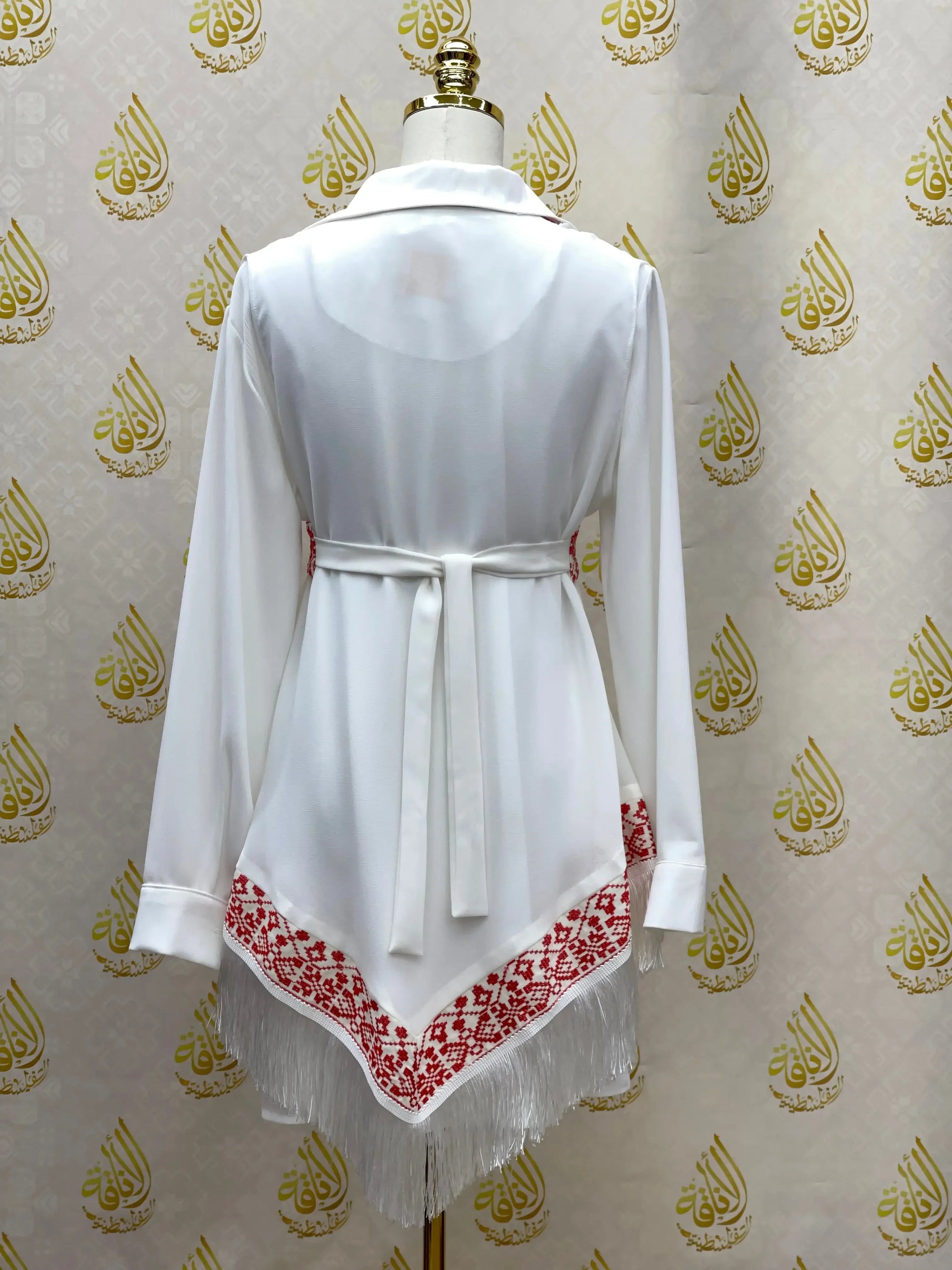 Radiant Elegance: Red & White Embroidered Chiffon Vest Palestinian Elegance