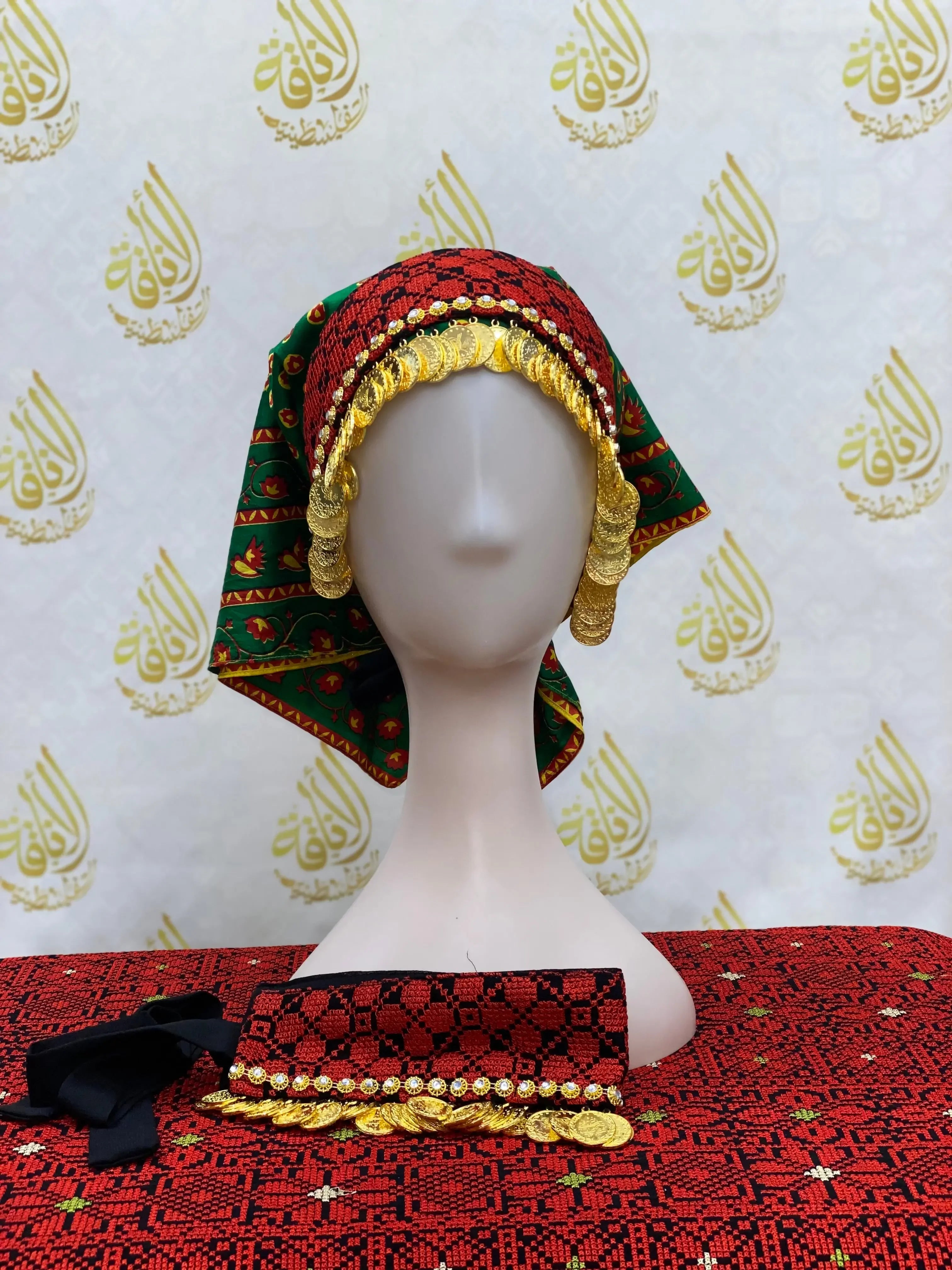 Tatreez head scarf with beads featuring traditional Palestinian embroidery and gold bead embellishments