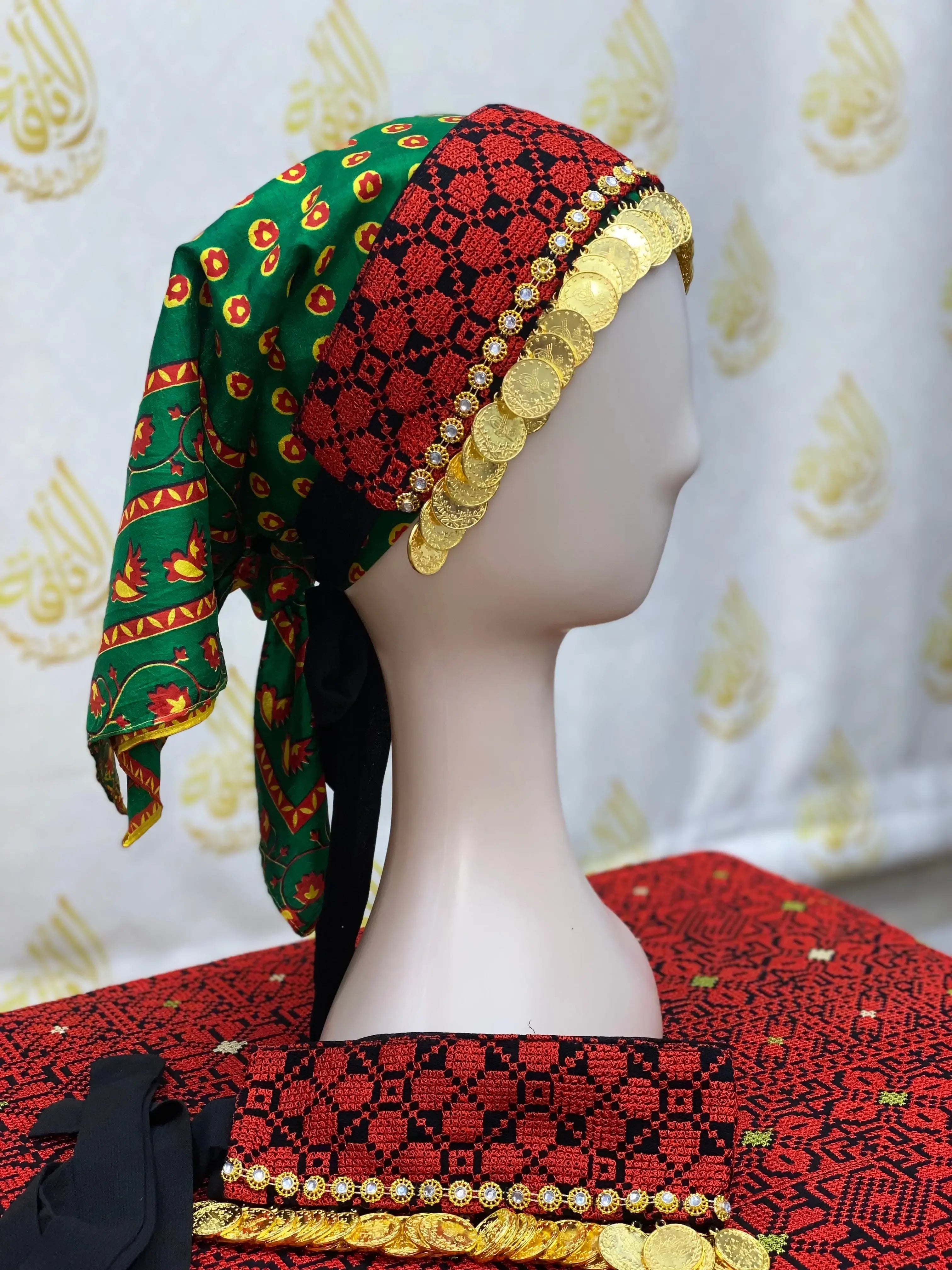 Palestinian Elegance tatreez head scarf with beads featuring red and green embroidery and gold coin details