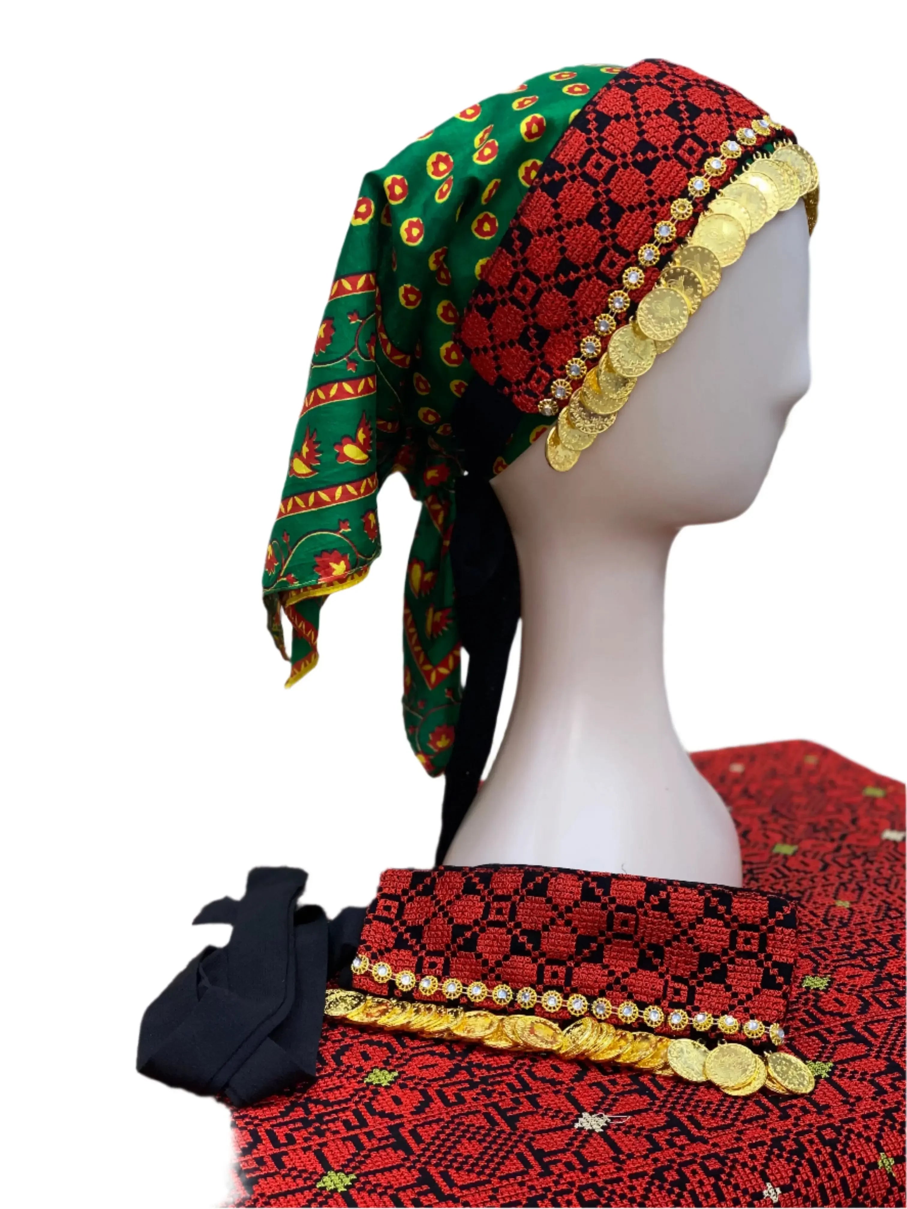 Tatreez head scarf with beads in red and green featuring traditional Palestinian embroidery and gold coin accents