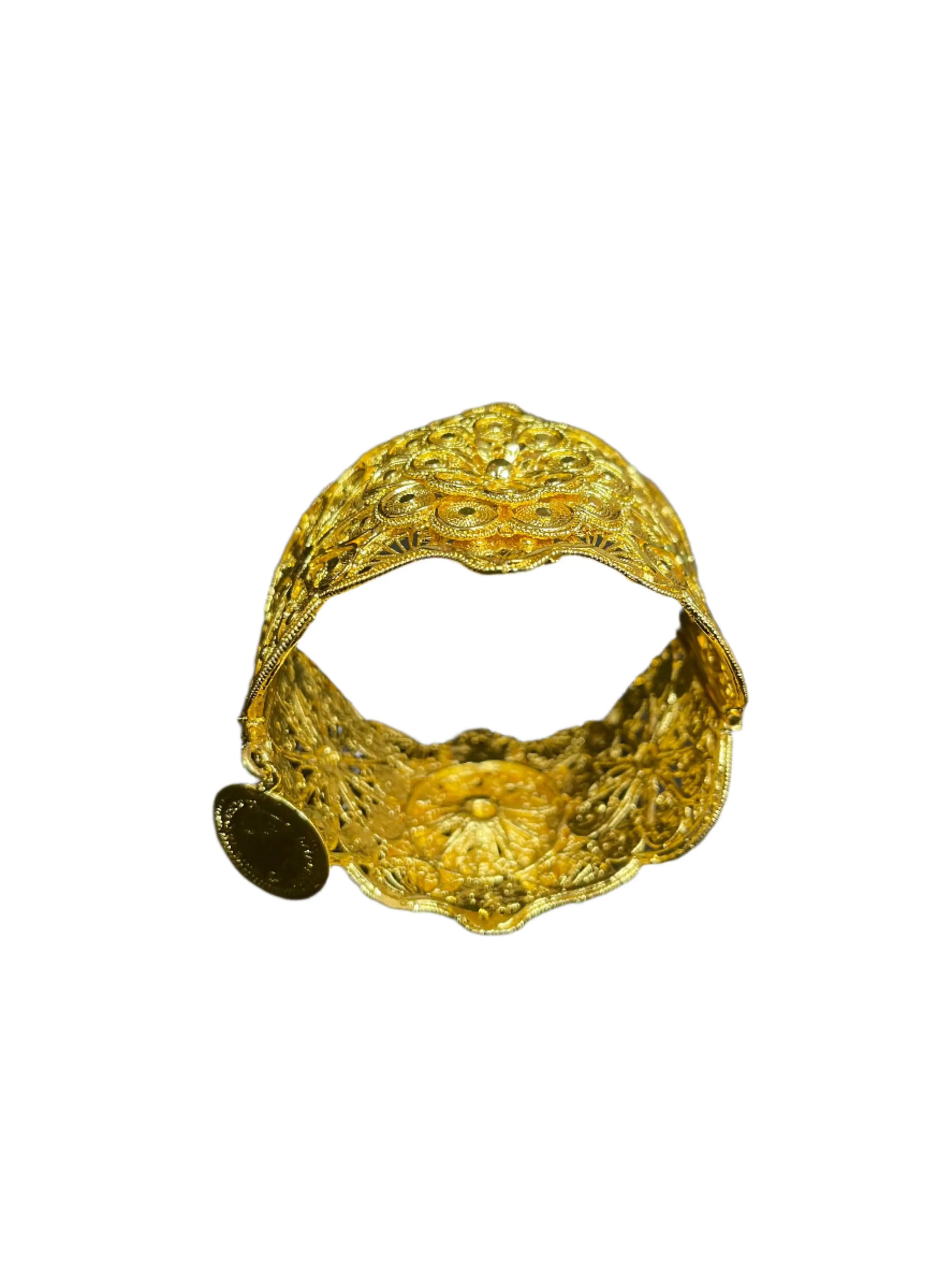 Palestinian Elegance imitated gold bracelet with intricate floral design and textured finish