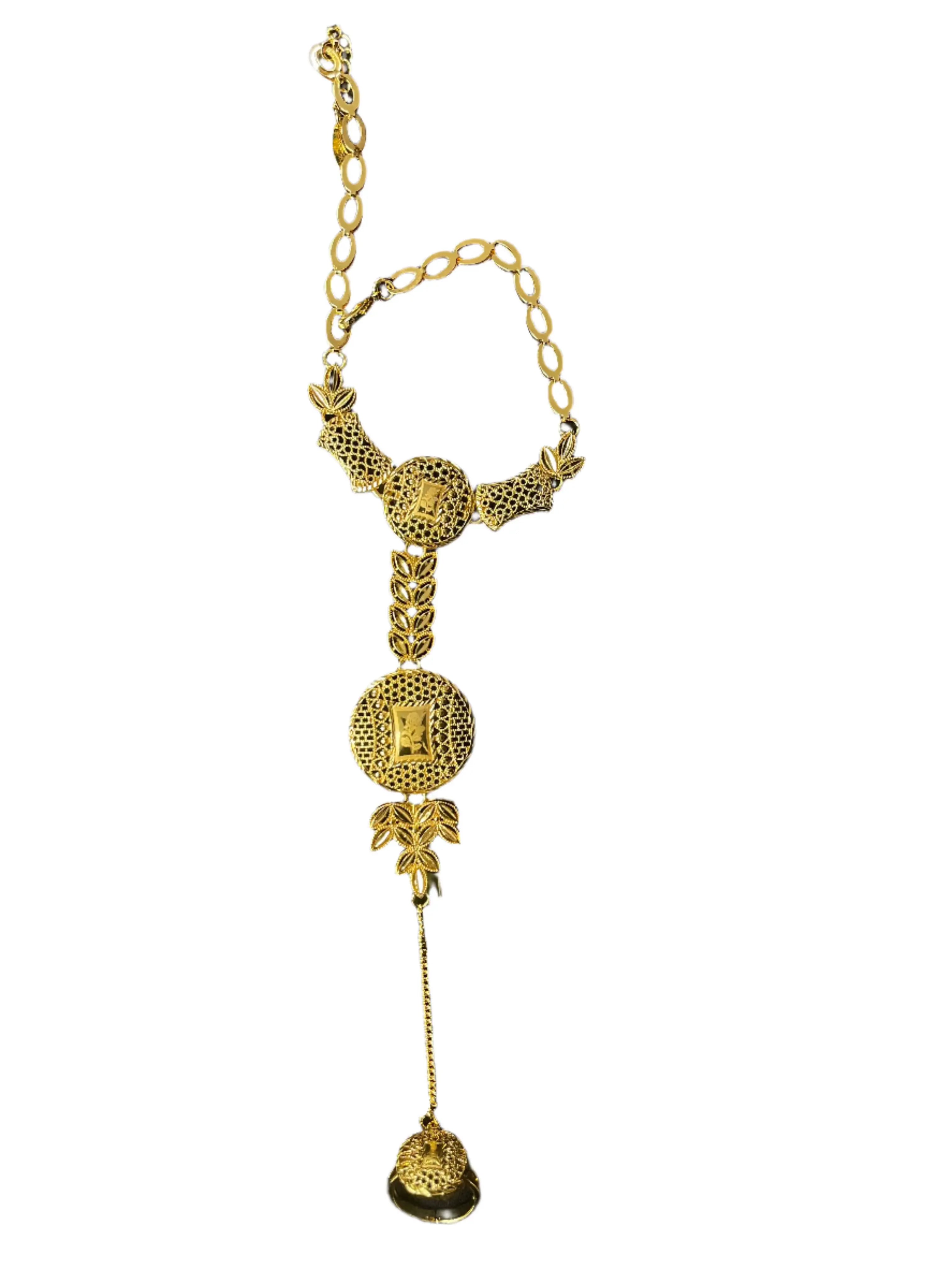 Imitated Gold Bracelet with Ring Design featuring intricate patterns and chain links from Palestinian Elegance
