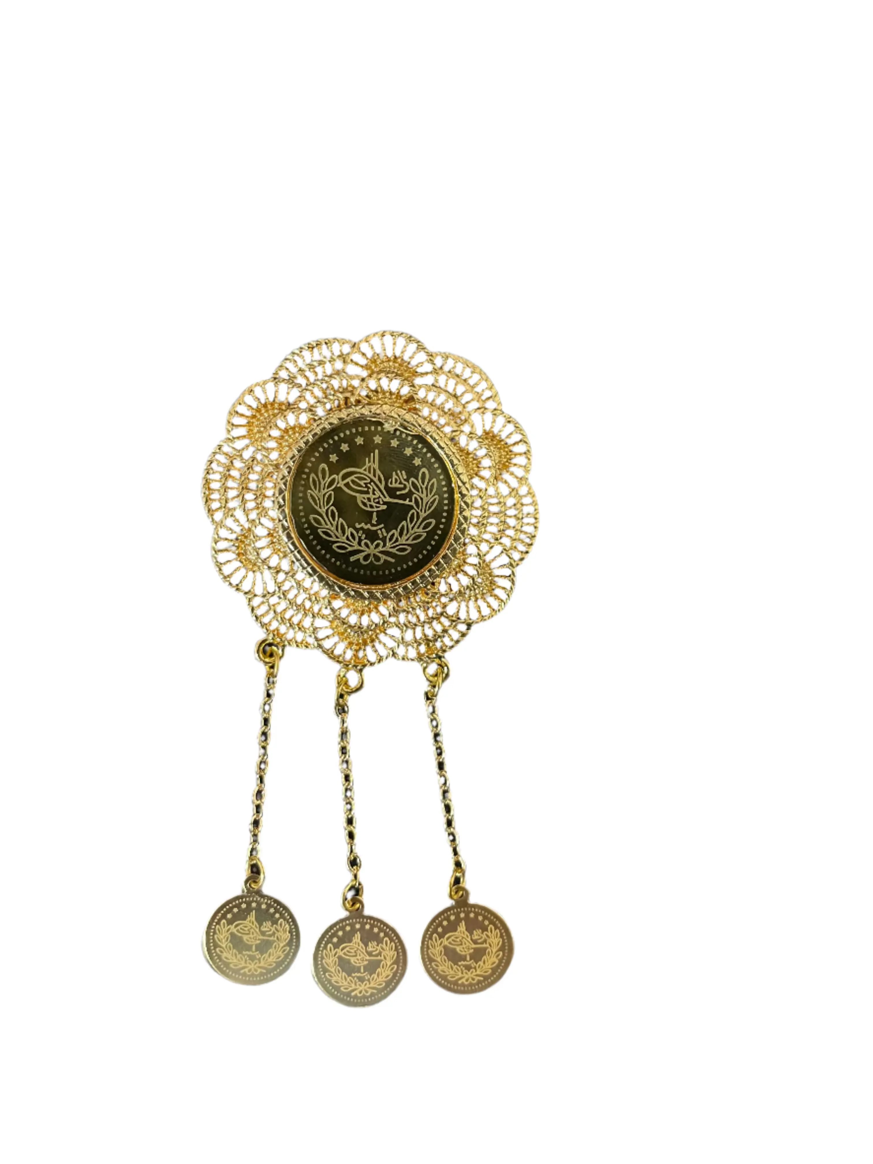 Palestinian Elegance Imitated Gold Coin Dangle Decorative Pin with intricate filigree and three hanging coins