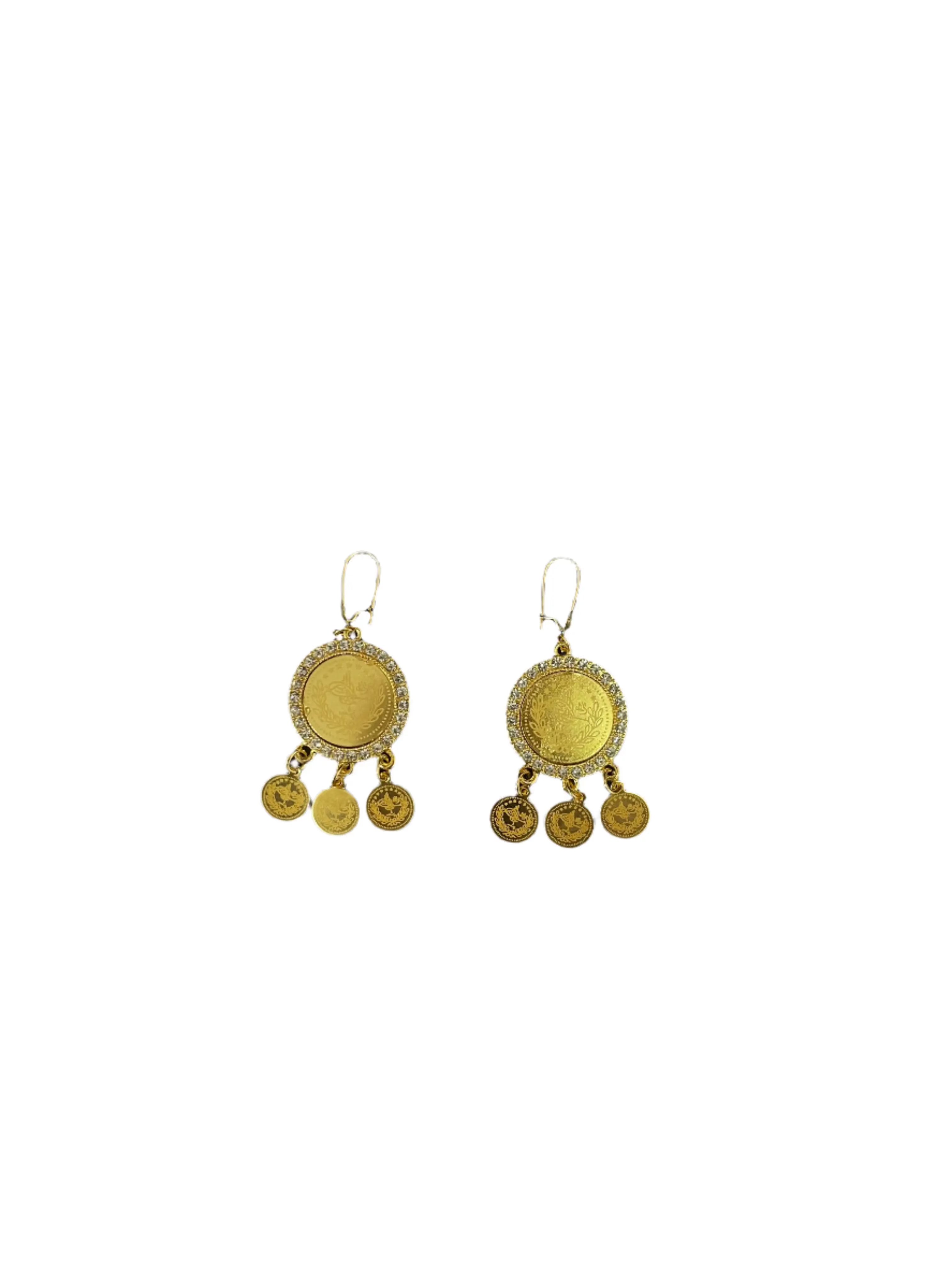 Palestinian Elegance imitated gold earrings with circular design and dangling coin charms