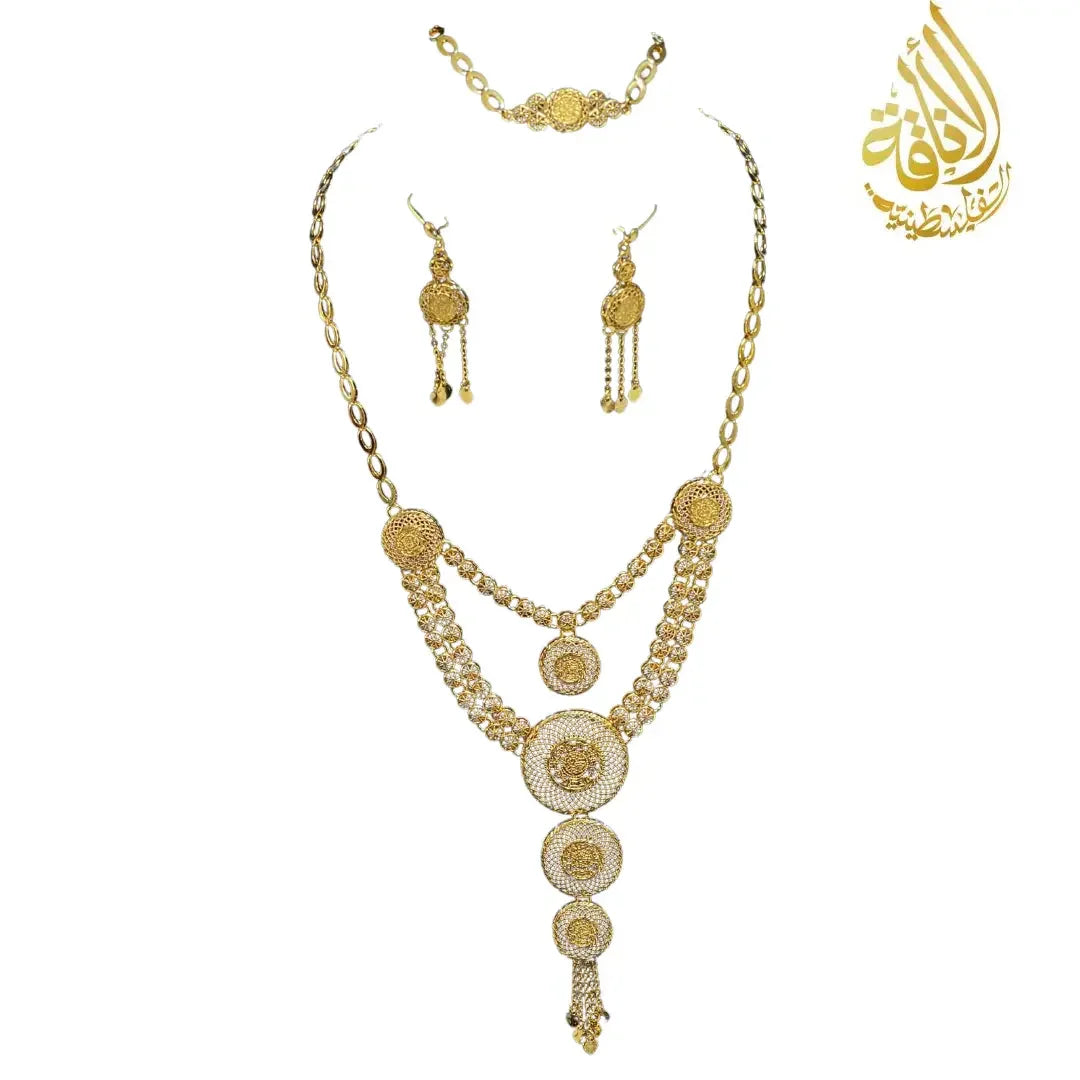 Palestinian Elegance gold layered necklace set with intricate round pendants and matching bracelet and earrings