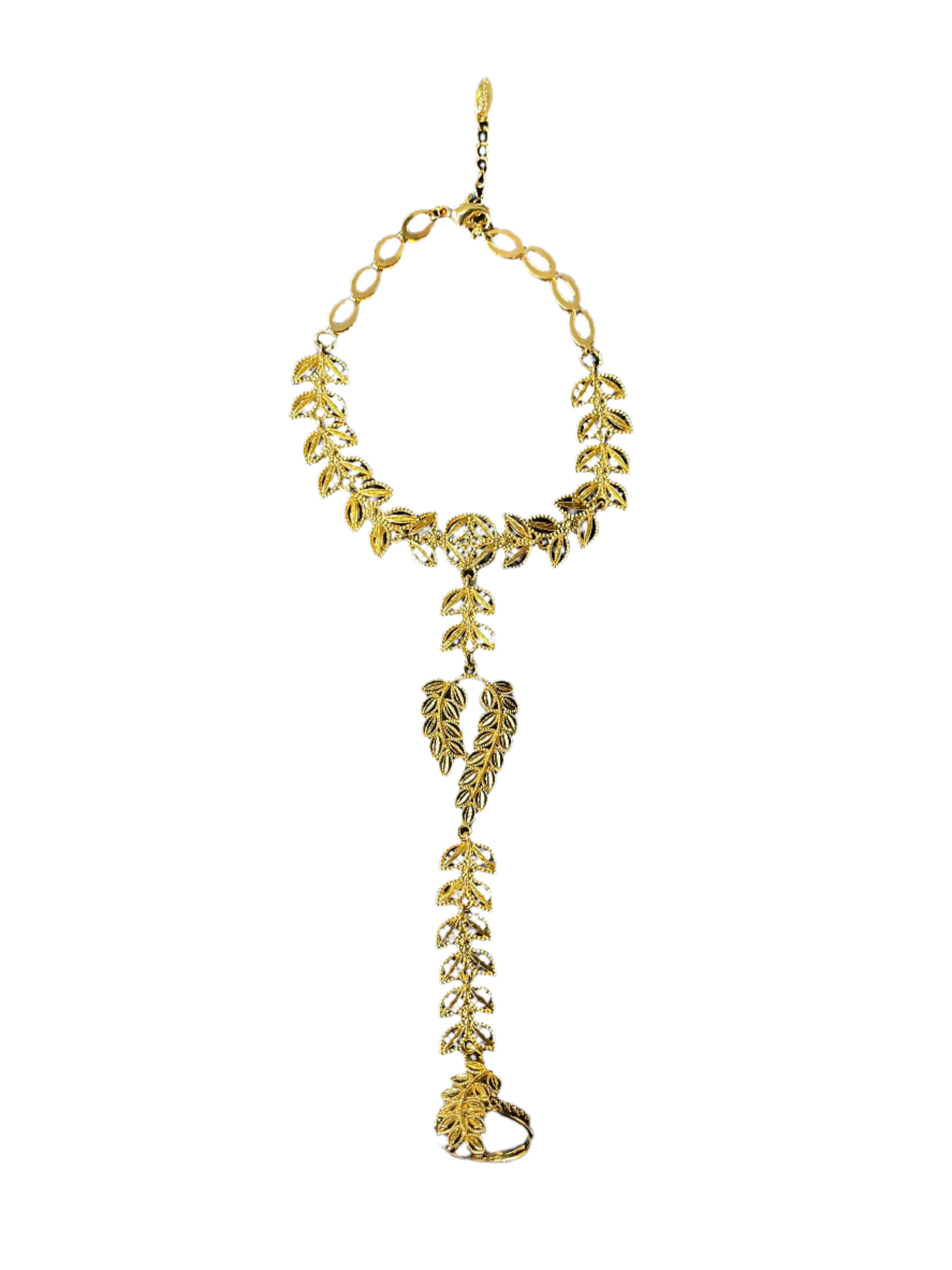 Palestinian Elegance imitation gold bracelet ring set with intricate leaf design and adjustable chain