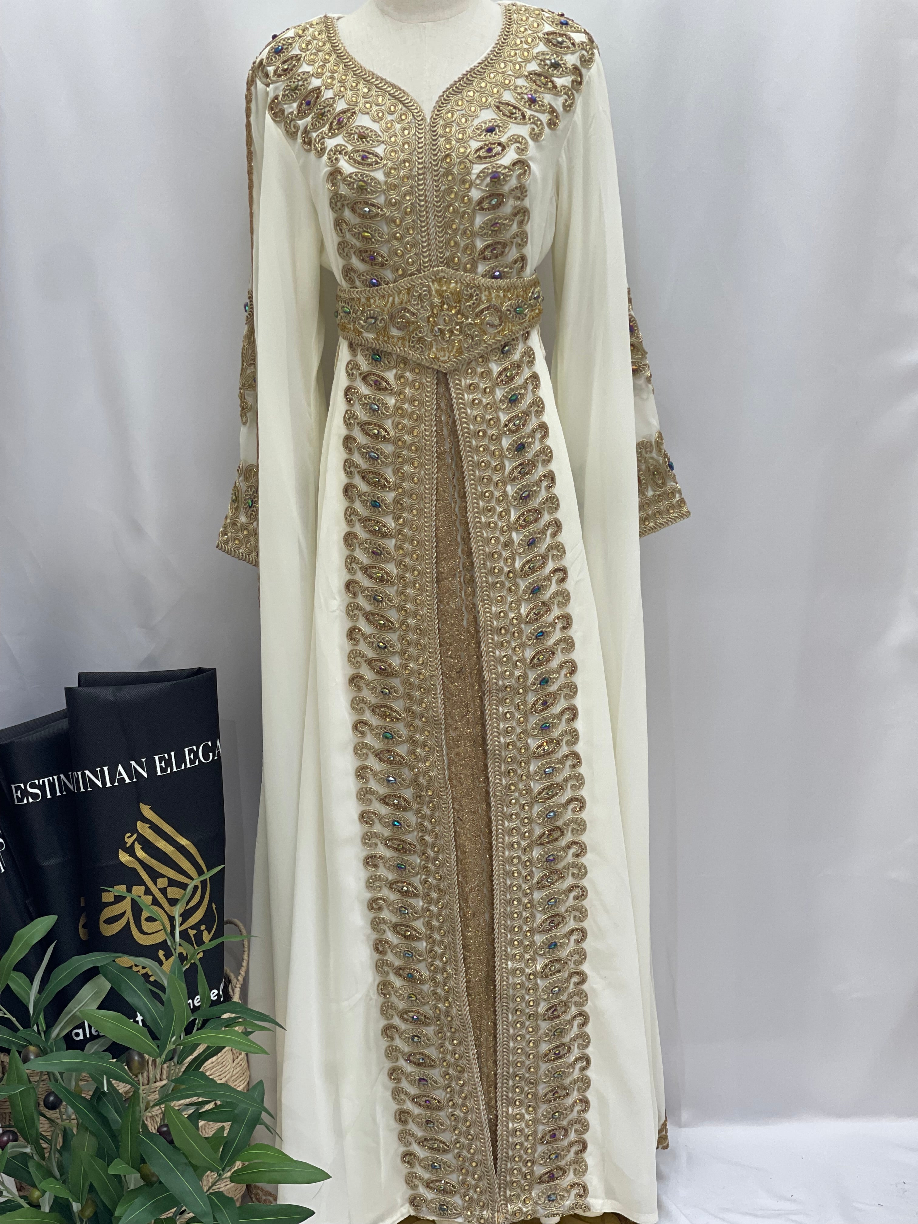 Ivory Gold Kaftan: Elegance and Opulence in Luxurious Fabric Palestinian Elegance