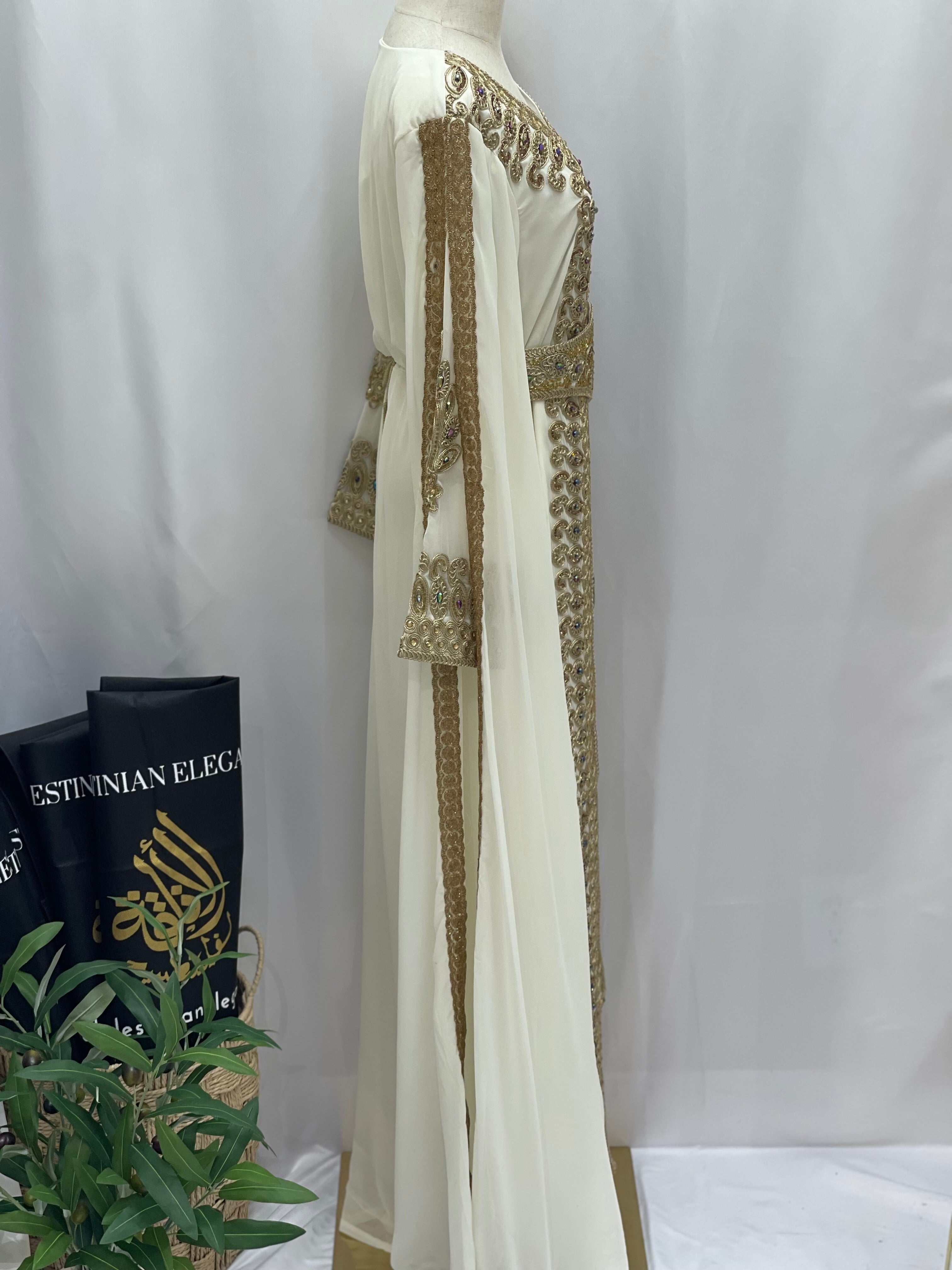Ivory Gold Kaftan: Elegance and Opulence in Luxurious Fabric Palestinian Elegance