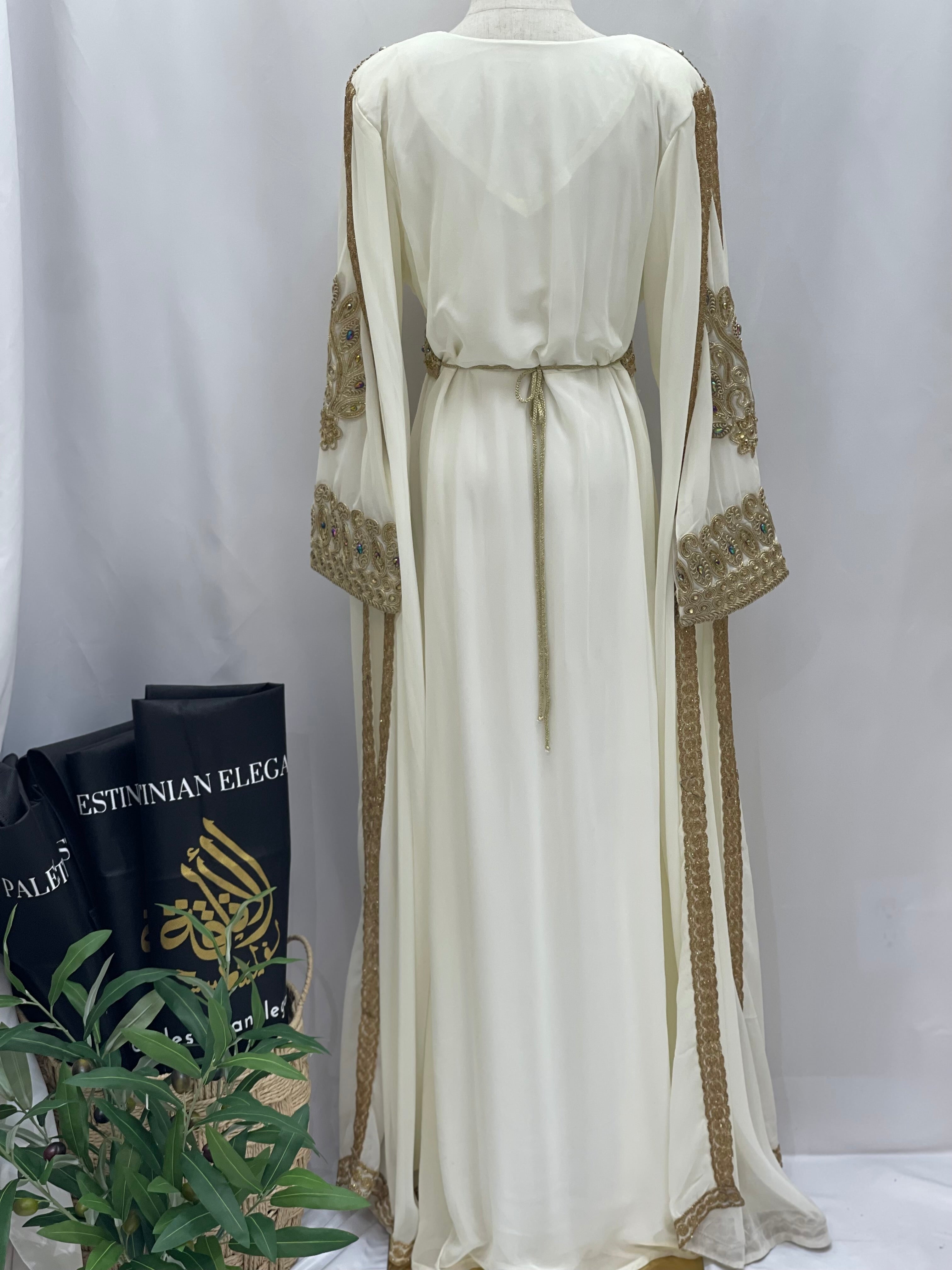 Ivory Gold Kaftan: Elegance and Opulence in Luxurious Fabric Palestinian Elegance