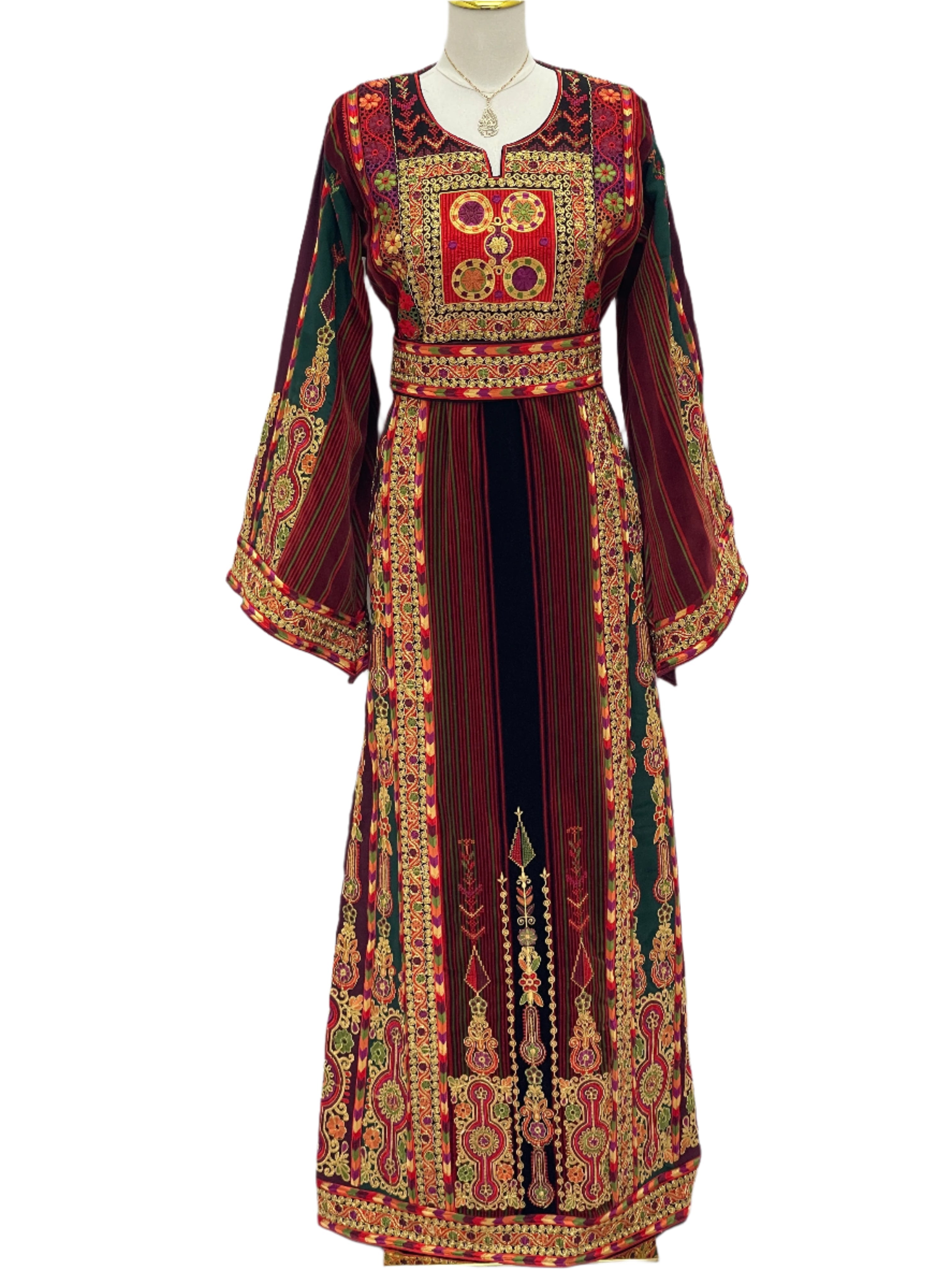 Palestinian Velvet Malaka Embroidered Thobe with intricate gold and red embroidery from Palestinian Elegance