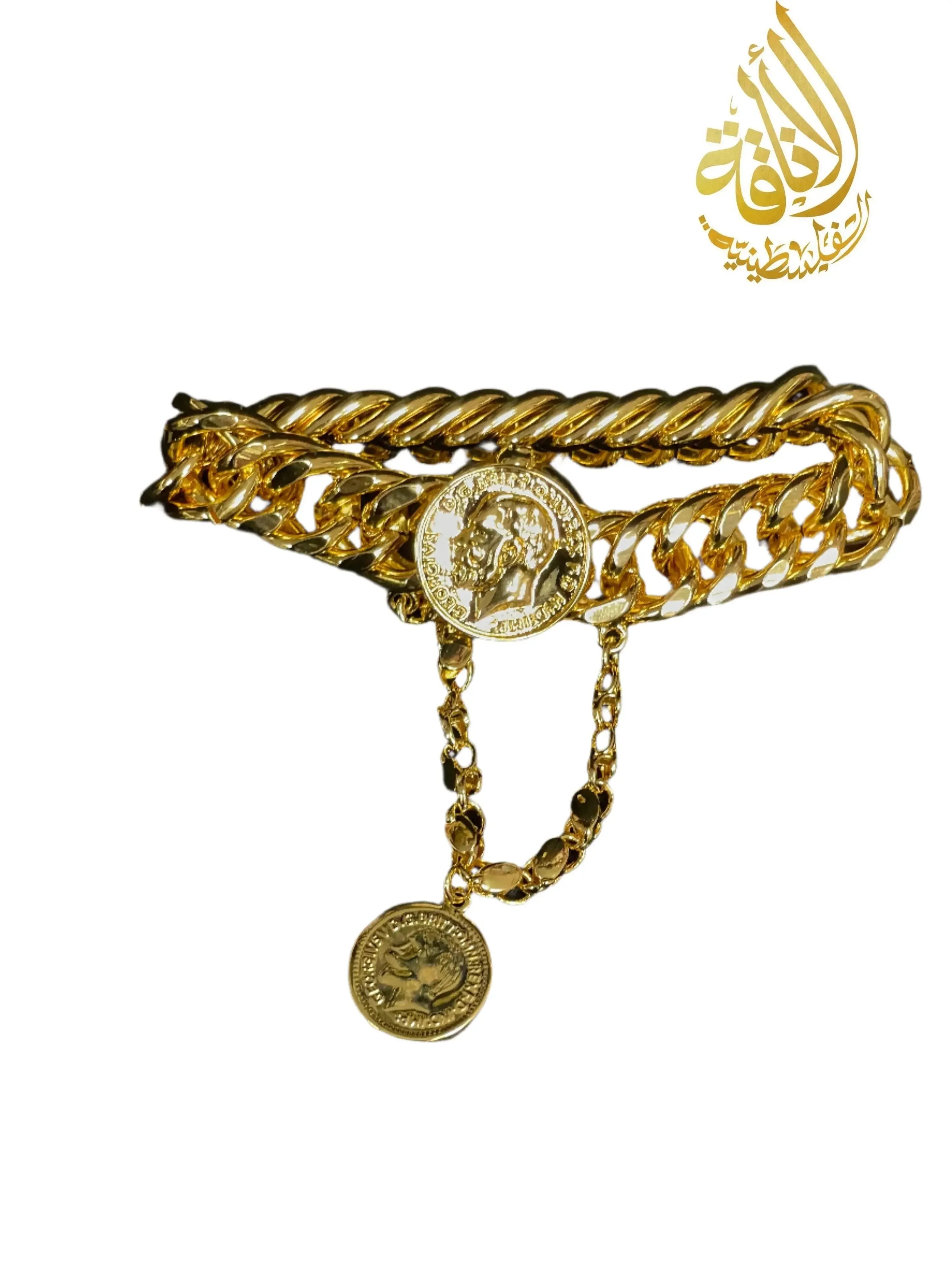Palestinian Elegance imitated gold chain bracelet with layered chains and coin pendants