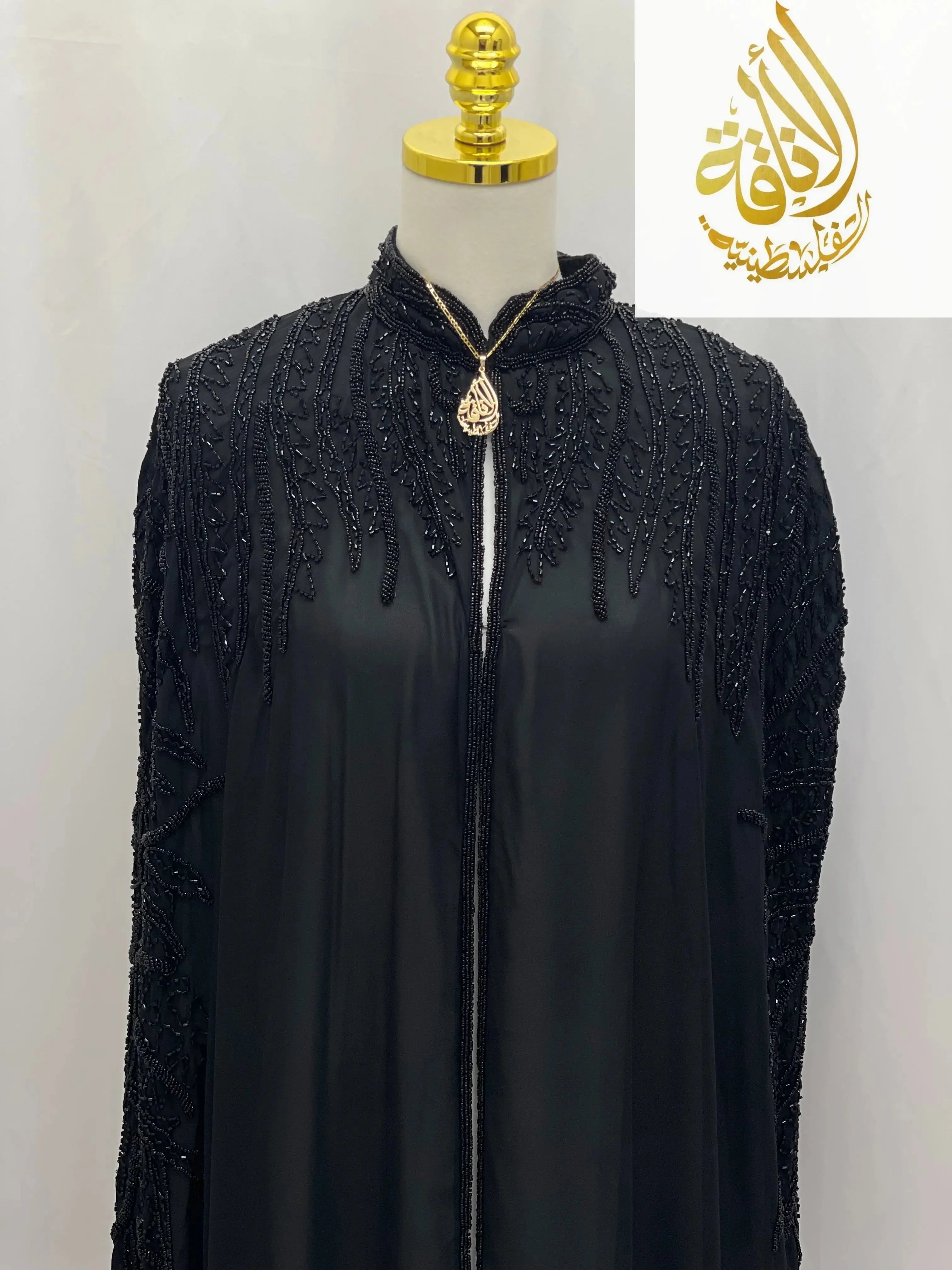 Palestinian Elegance black Karam Fancy Beads Cape cardigan with intricate beadwork on collar and shoulders