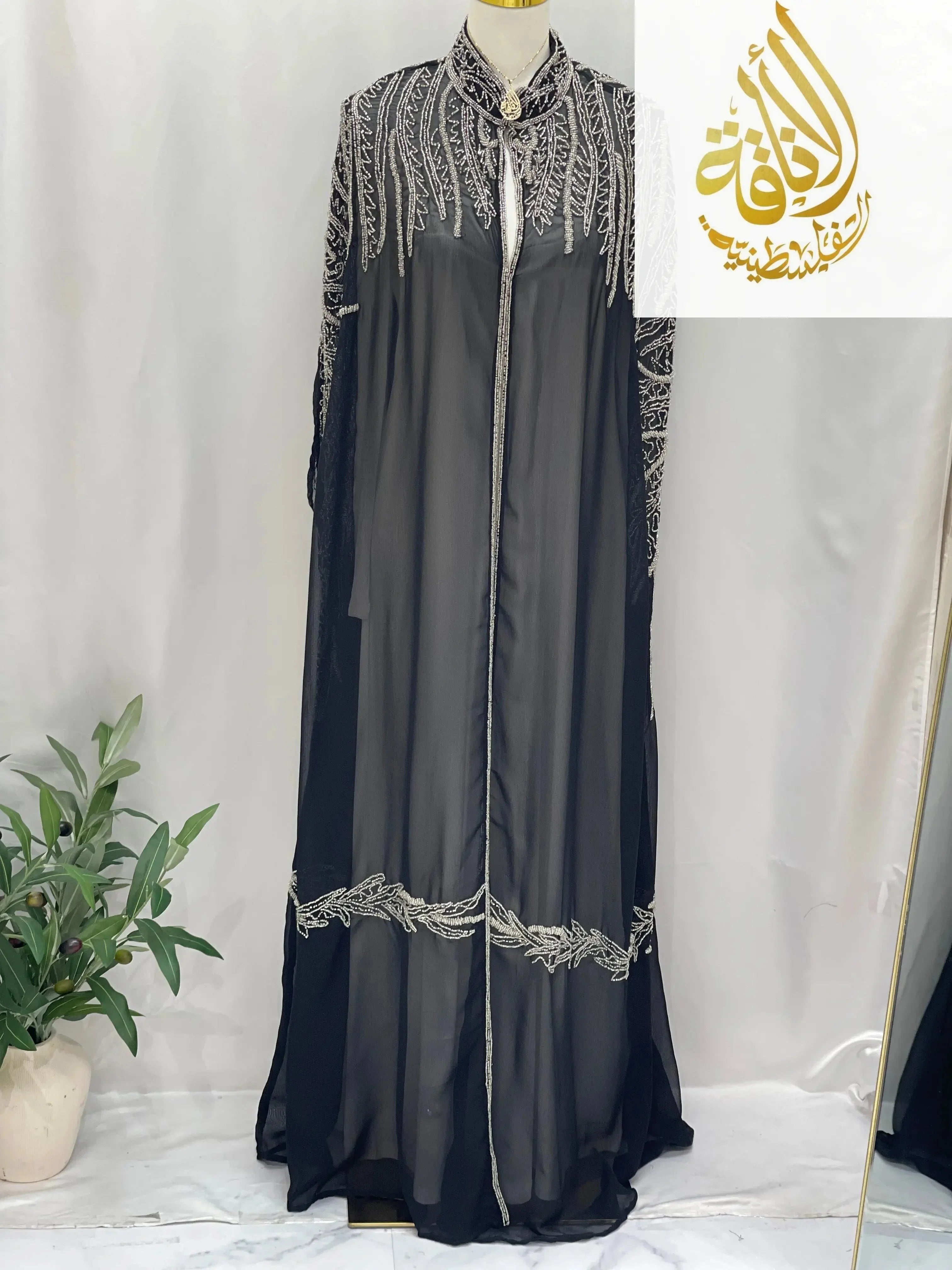 Palestinian Elegance Karam Fancy Beads Cape black sheer cardigan with intricate bead embroidery