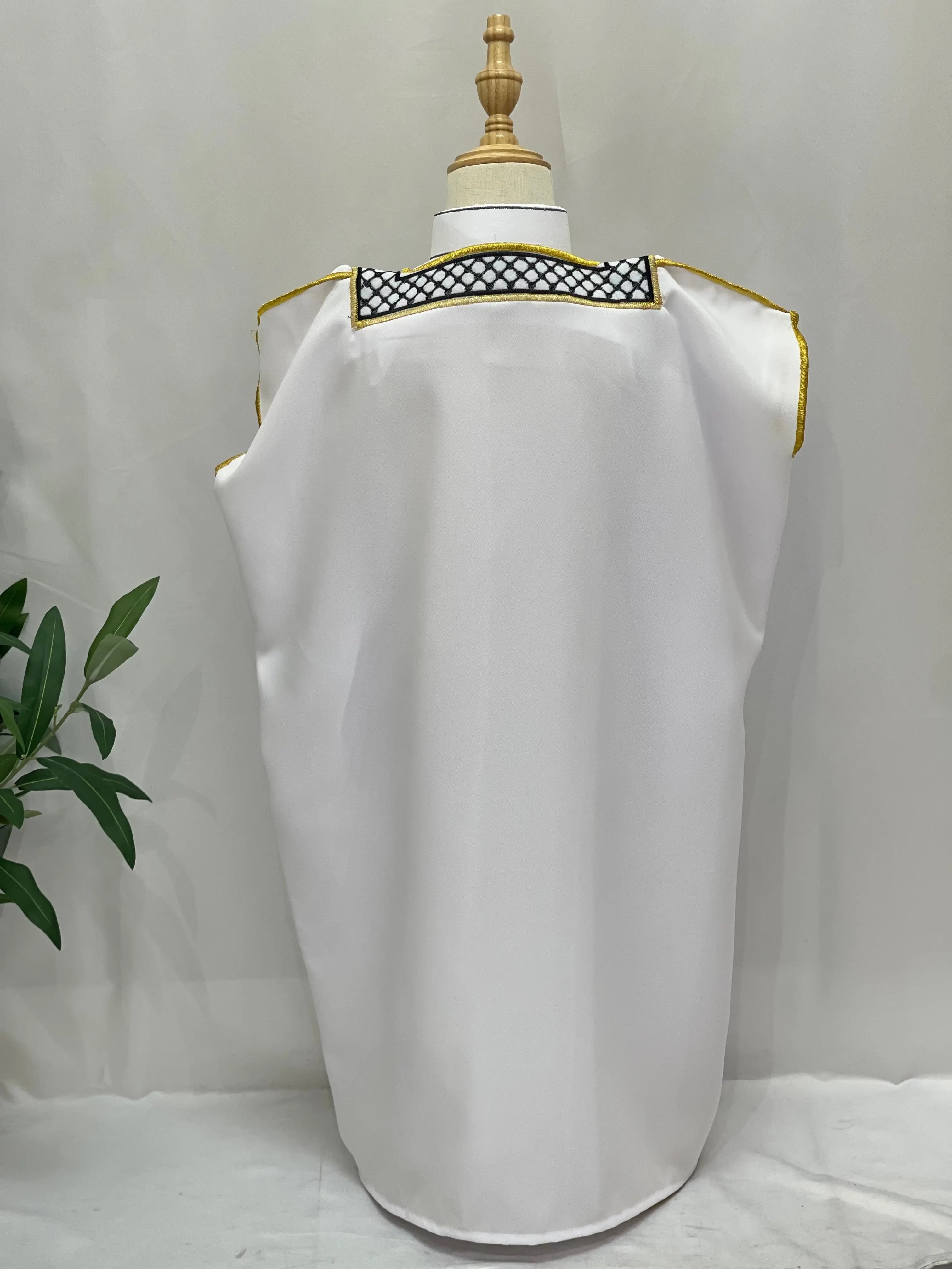 White Kids Kuffiyeh Bisht with black embroidered neckline and gold trim for children by Palestinian Elegance