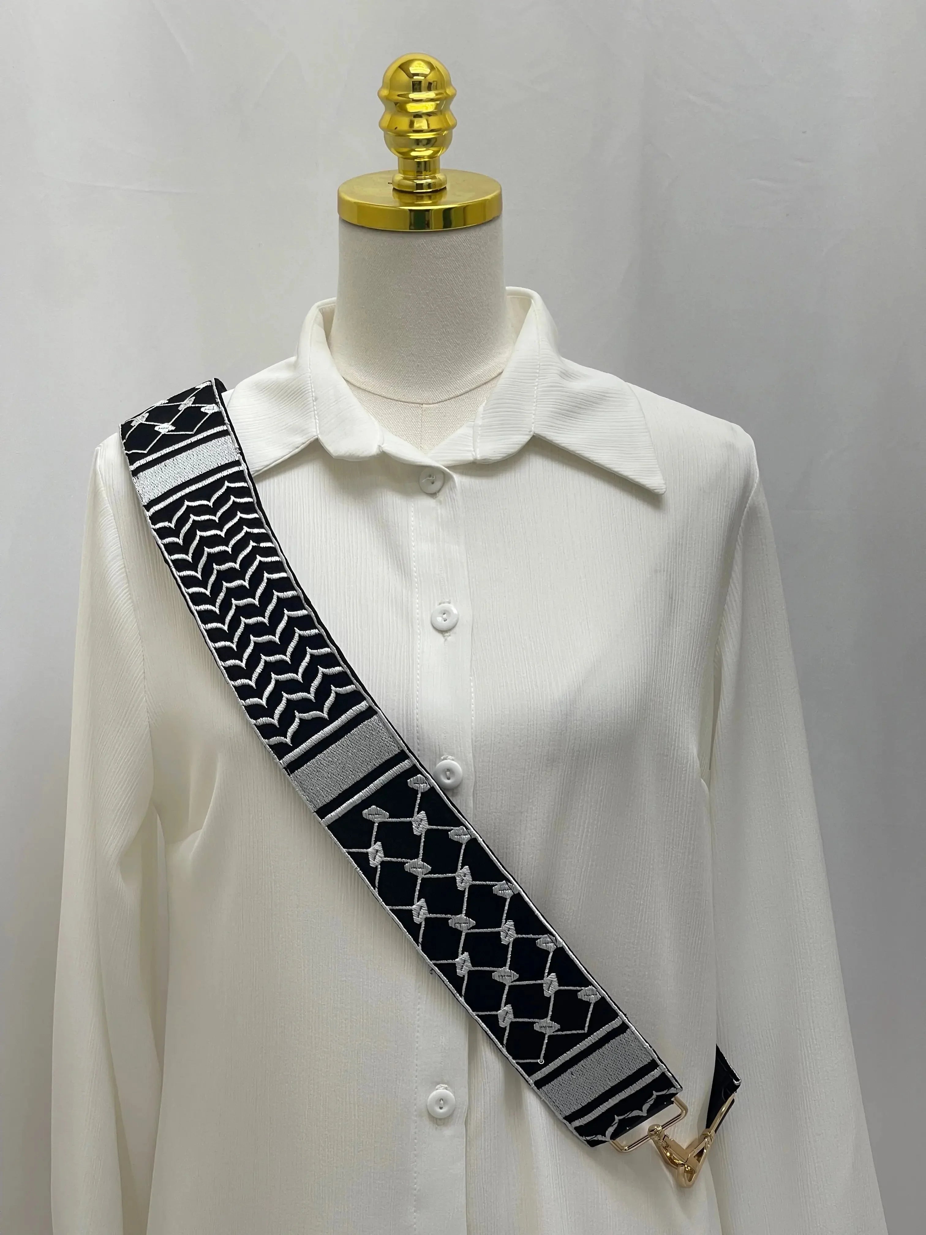 Kuffia Embroidered Purse Strap in black and white geometric pattern