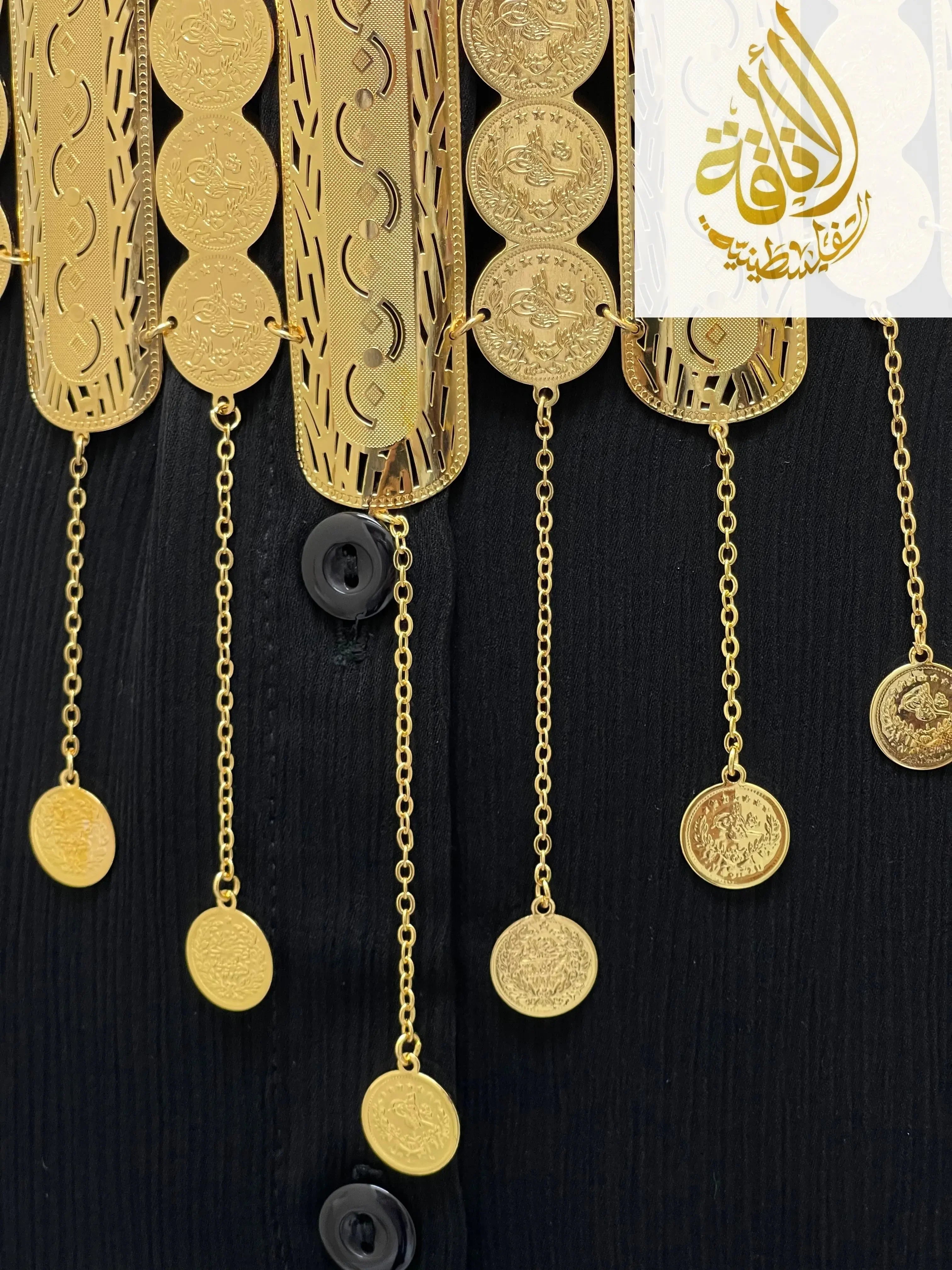 Kurdish gold belt for women made of imitated gold by Palestinian Elegance with detailed coin designs