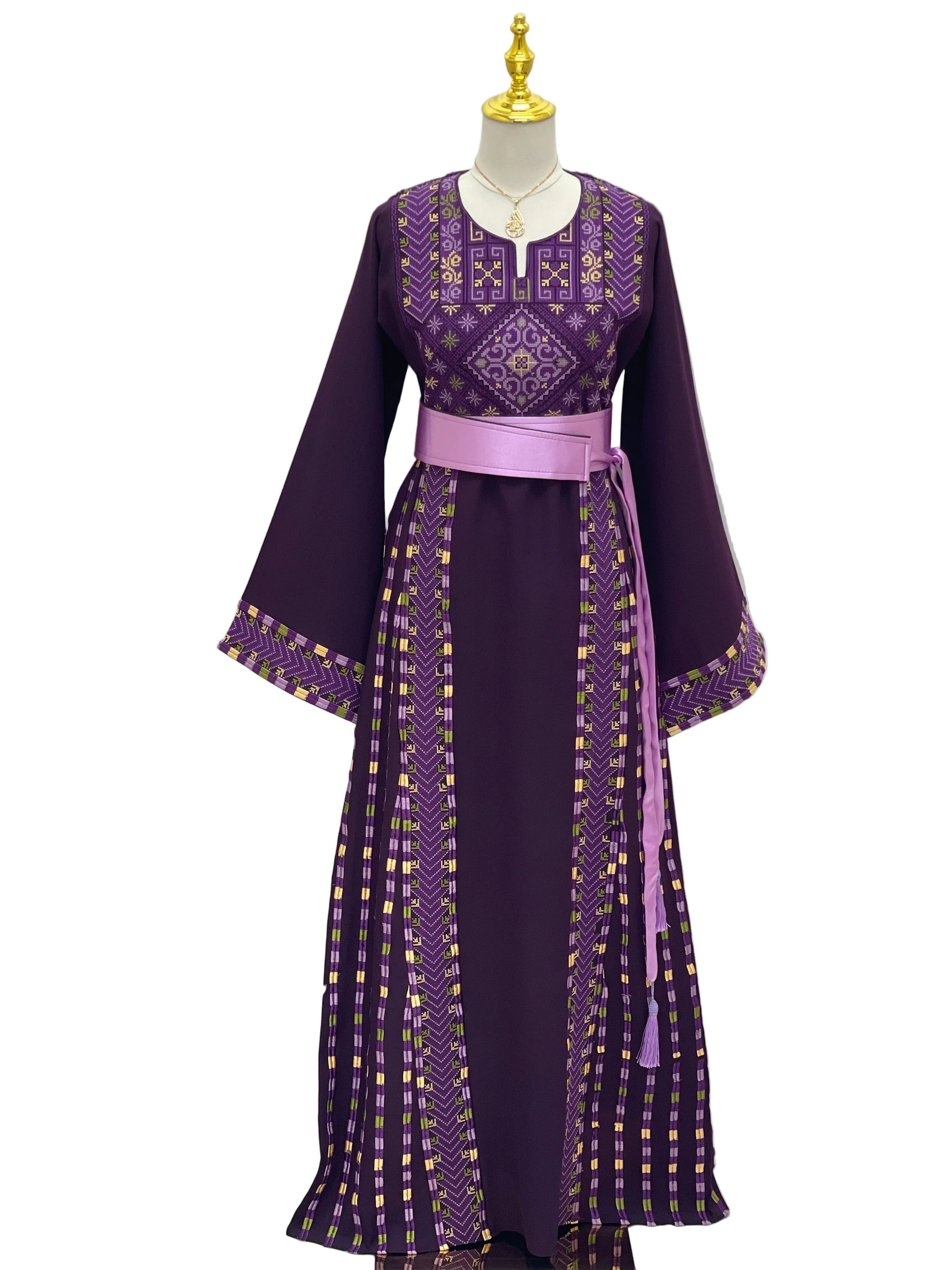 Lavender Heritage Embroidered Thobe with intricate embroidery and a matching belt for elegant style