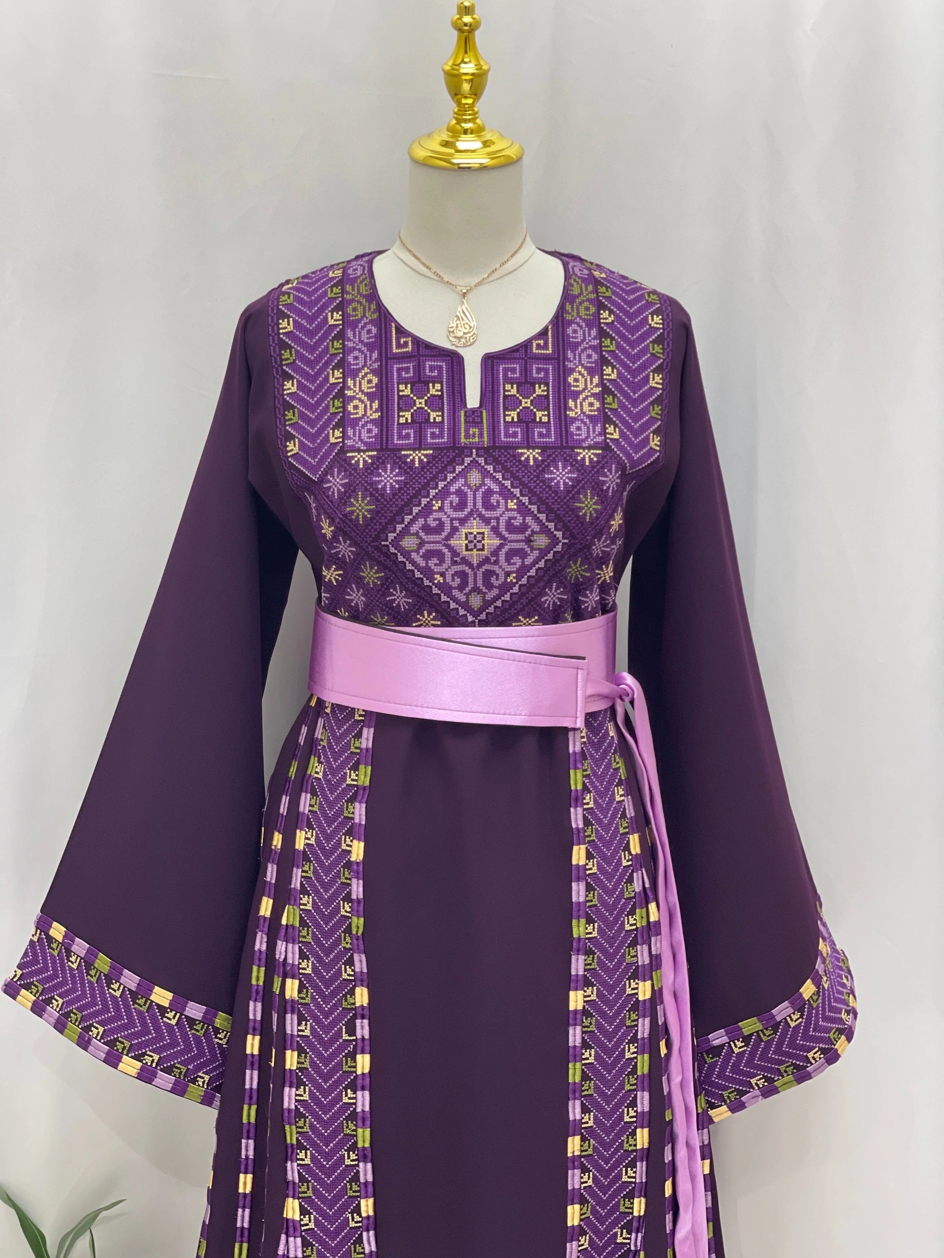 Lavender Heritage Embroidered Thobe with intricate designs and a stylish belt for elegant occasions