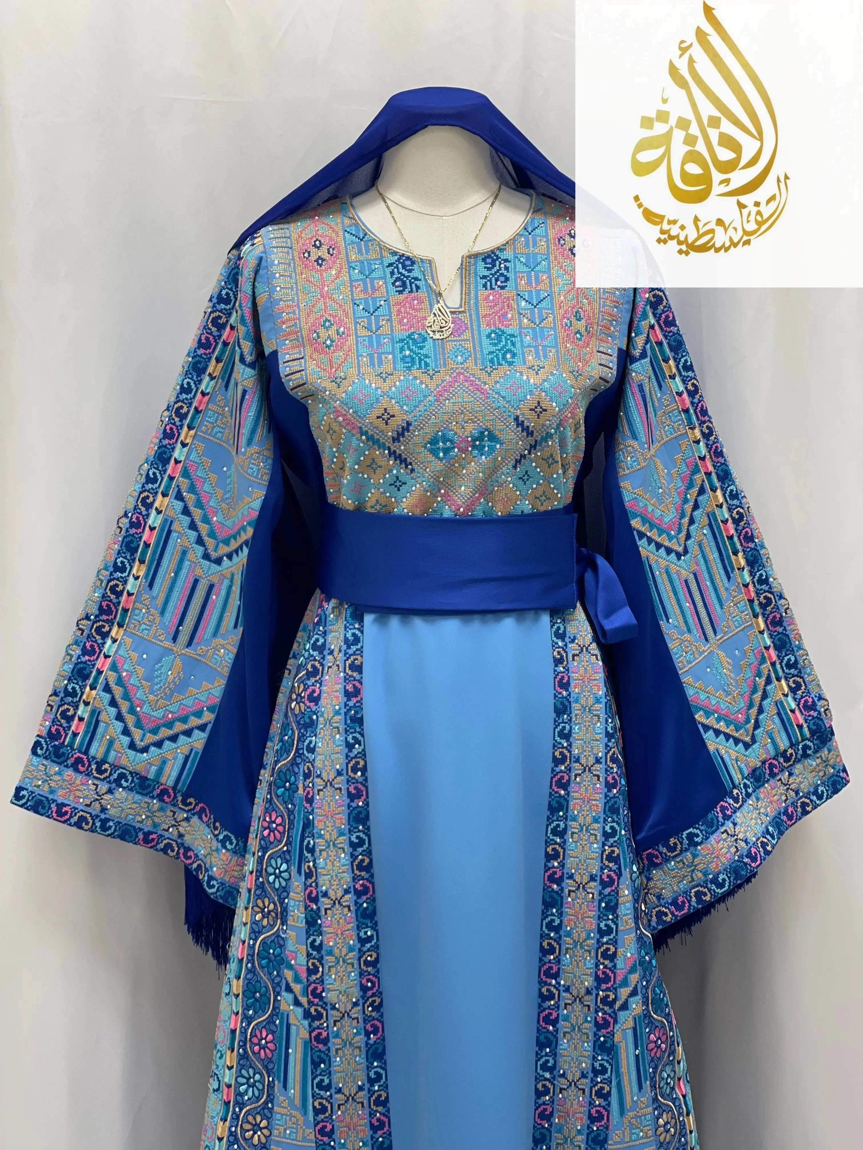 Layan Embroidered Light Blue Thoub - Elegance & Tradition - Palestinian Elegance